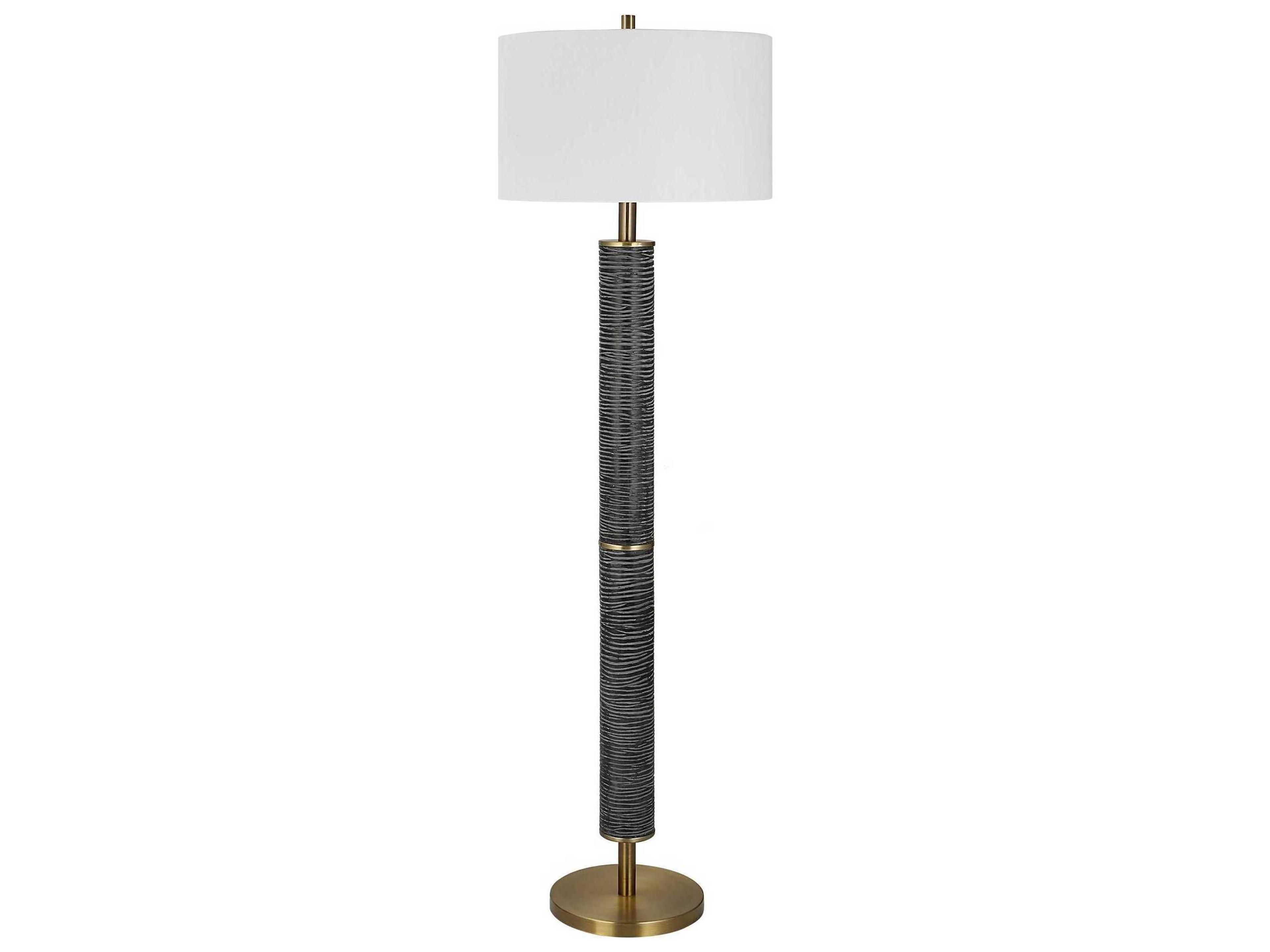 Uttermost Summit Rustic Gray Black Antique Brass Round Drum Hardback Shade Floor Lamp