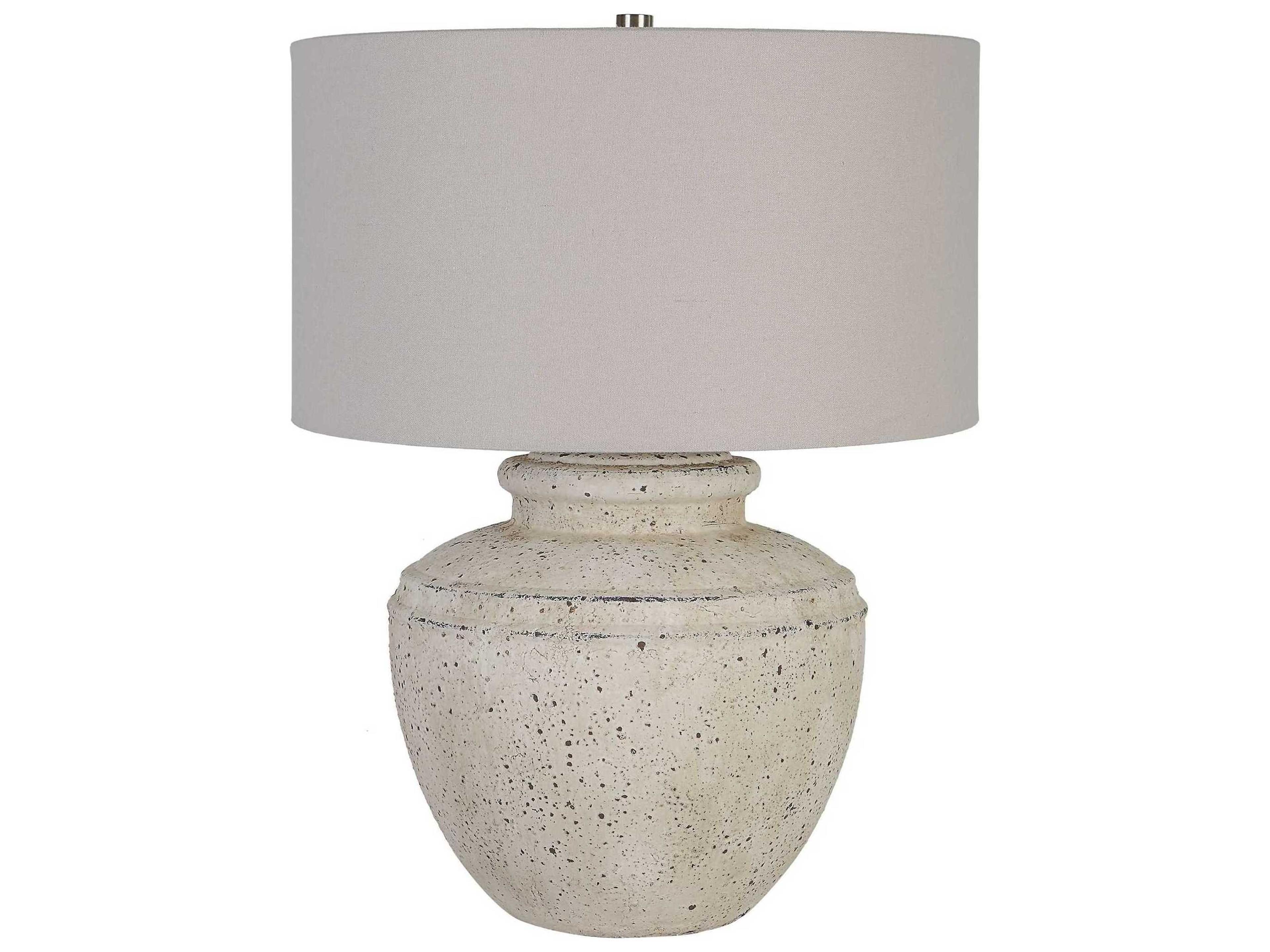 Uttermost Artifact Aged Stone Round Hardback Drum Off White Table Lamp