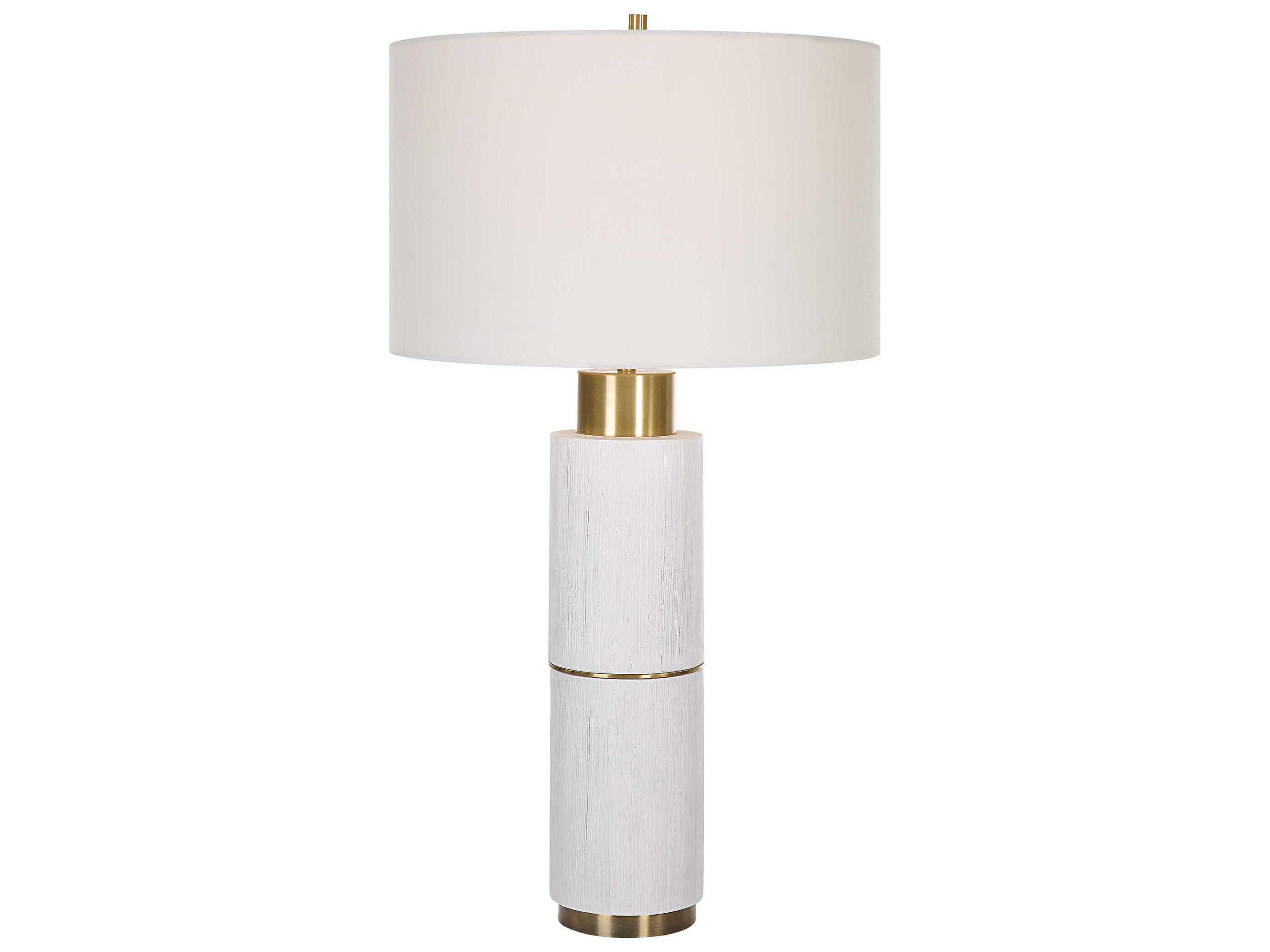 Ruse Whitewash Brushed Brass Round Drum Hardback Shade Buffet Lamp