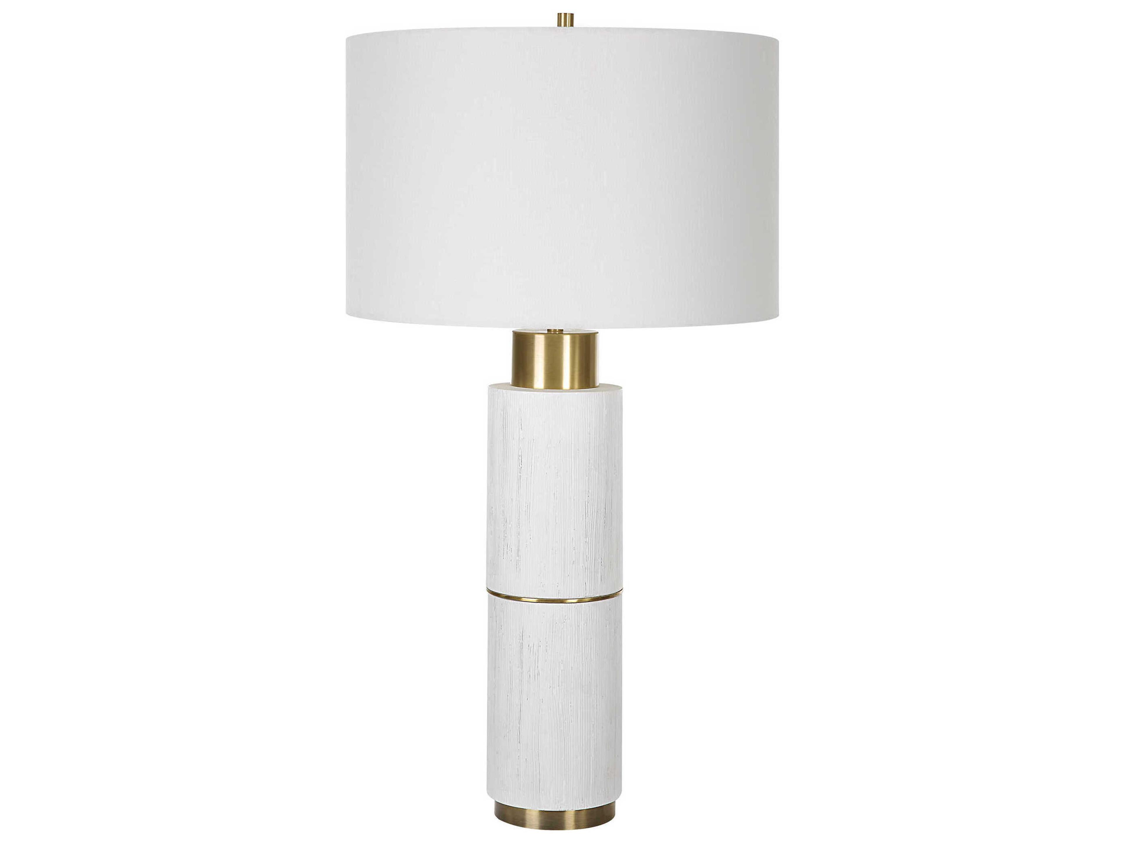 Uttermost Ruse Whitewash Brushed Brass Round Drum Hardback Shade Buffet Lamp