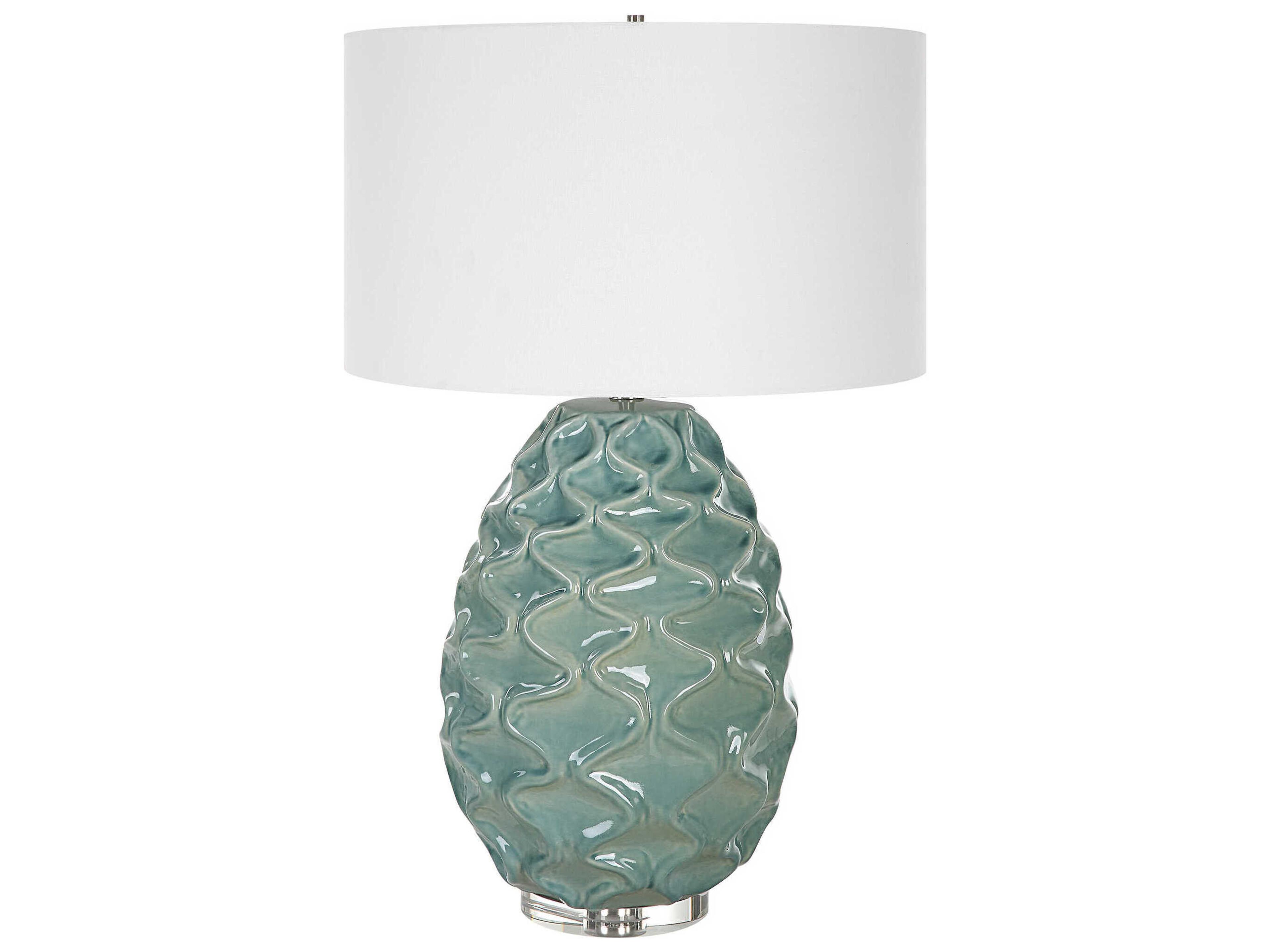 Laced Up Seam Foam Round Drum Hardback Green Crystal Buffet Lamp