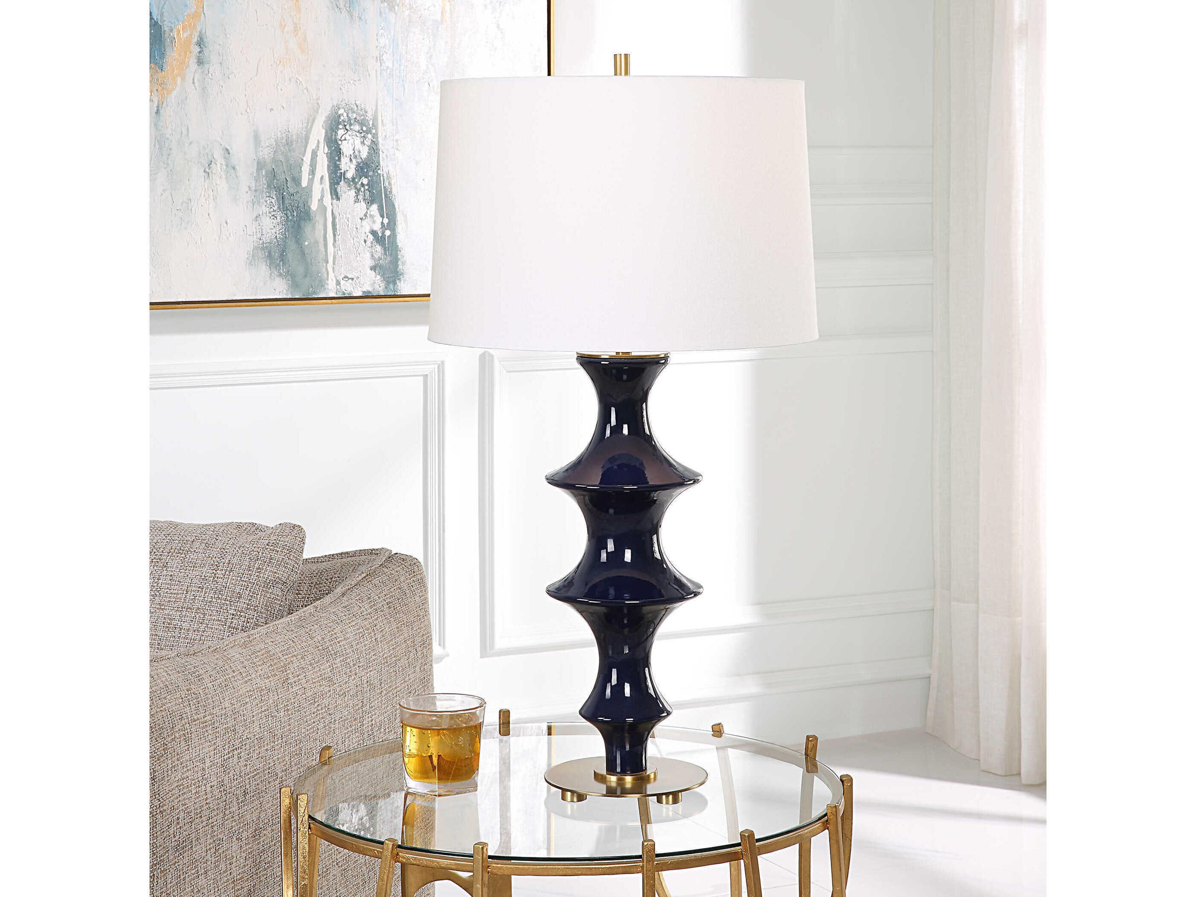 Uttermost Coil Cobalt Gloss Antique Brass Round Hardback Shade Black Buffet Lamp