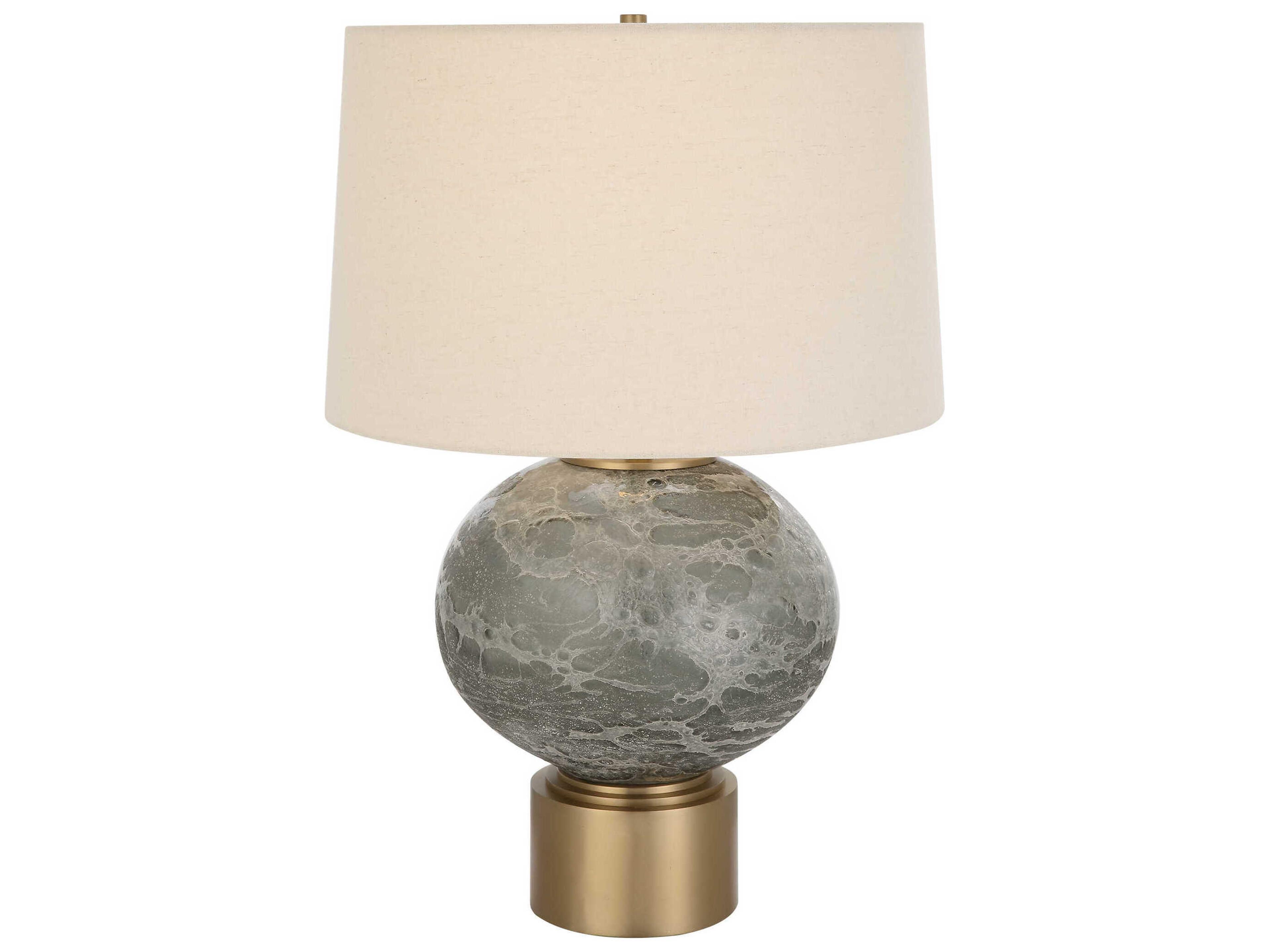Lunia Smoky Gray Antique Brushed Brass Round Hardback Shade Glass Buffet Lamp