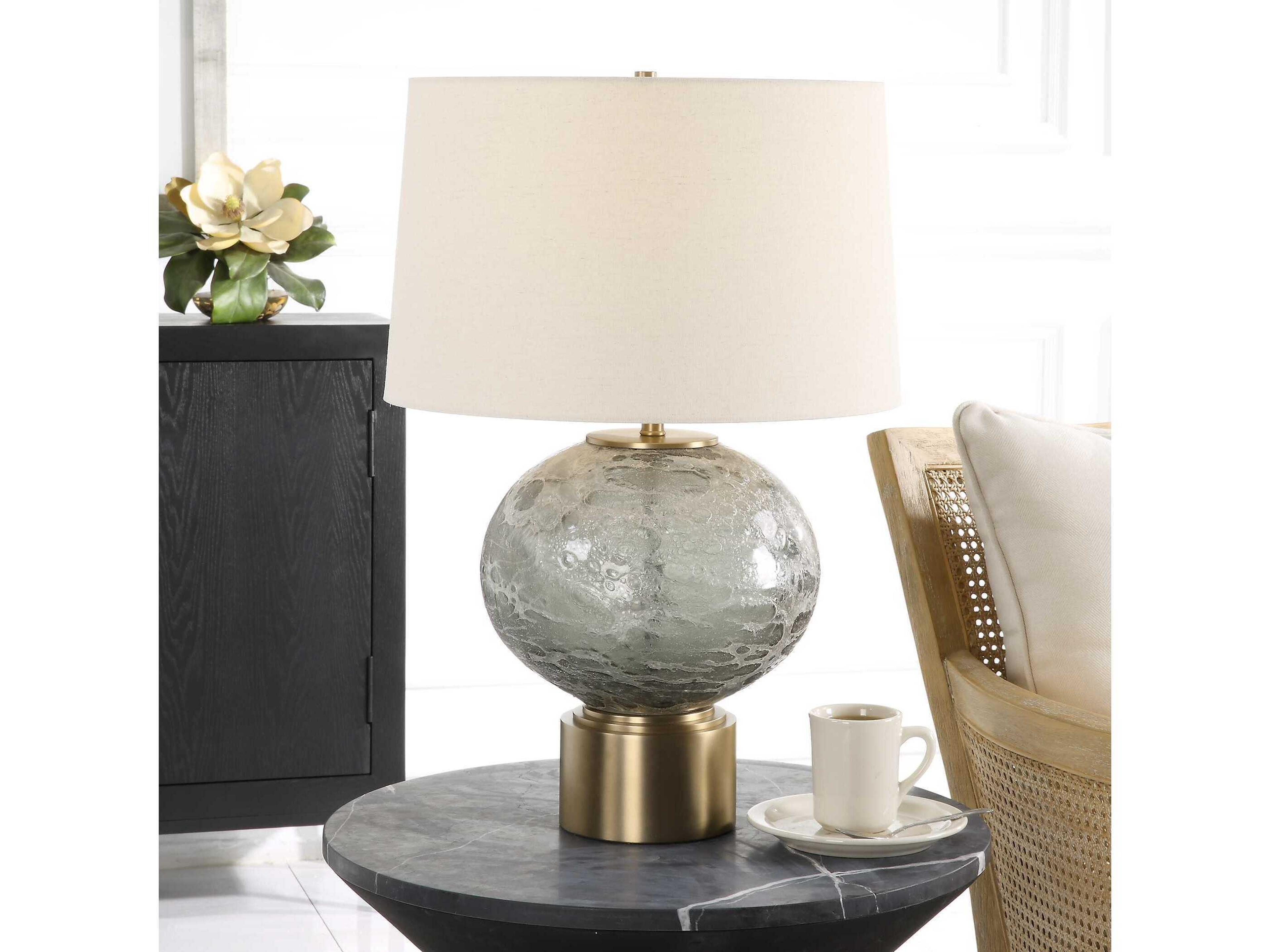 Uttermost Lunia Smoky Gray Antique Brushed Brass Round Hardback Shade Glass Buffet Lamp