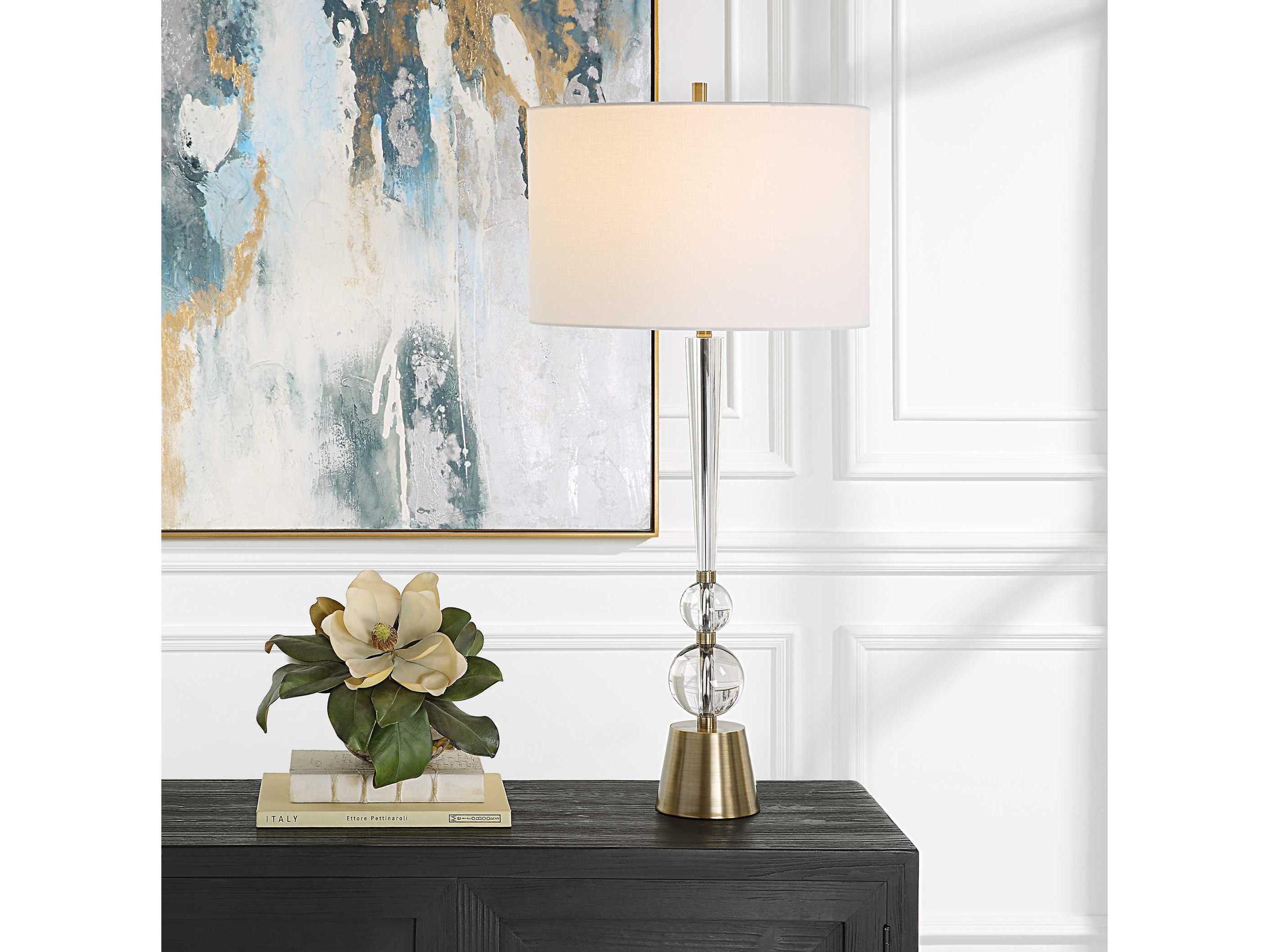 Uttermost Annily Antiqued Brass Round Drum Hardback Clear Crystal Buffet Lamp