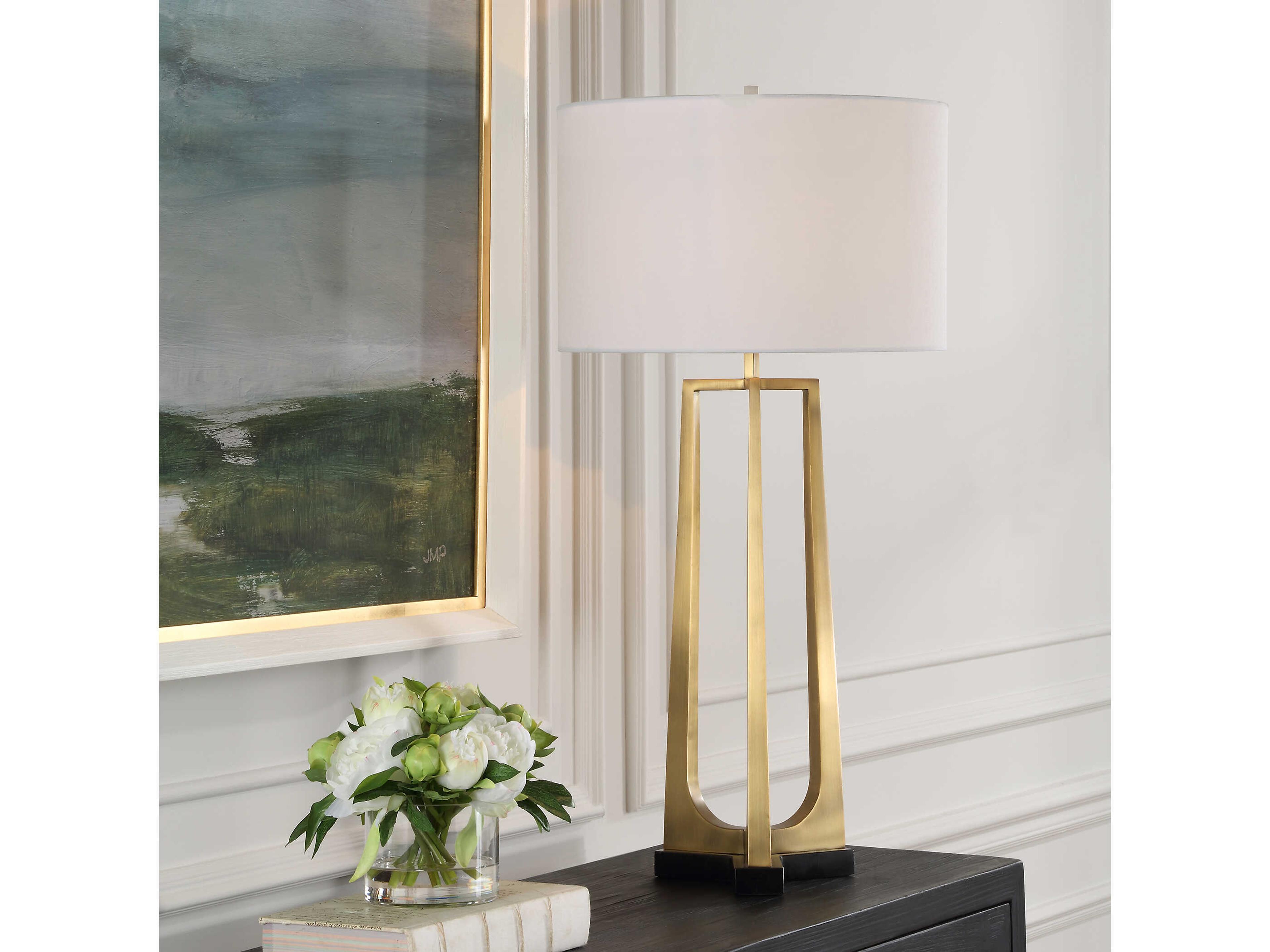 Uttermost Crossroads Antique Brass Round Drum Hardback Buffet Lamp