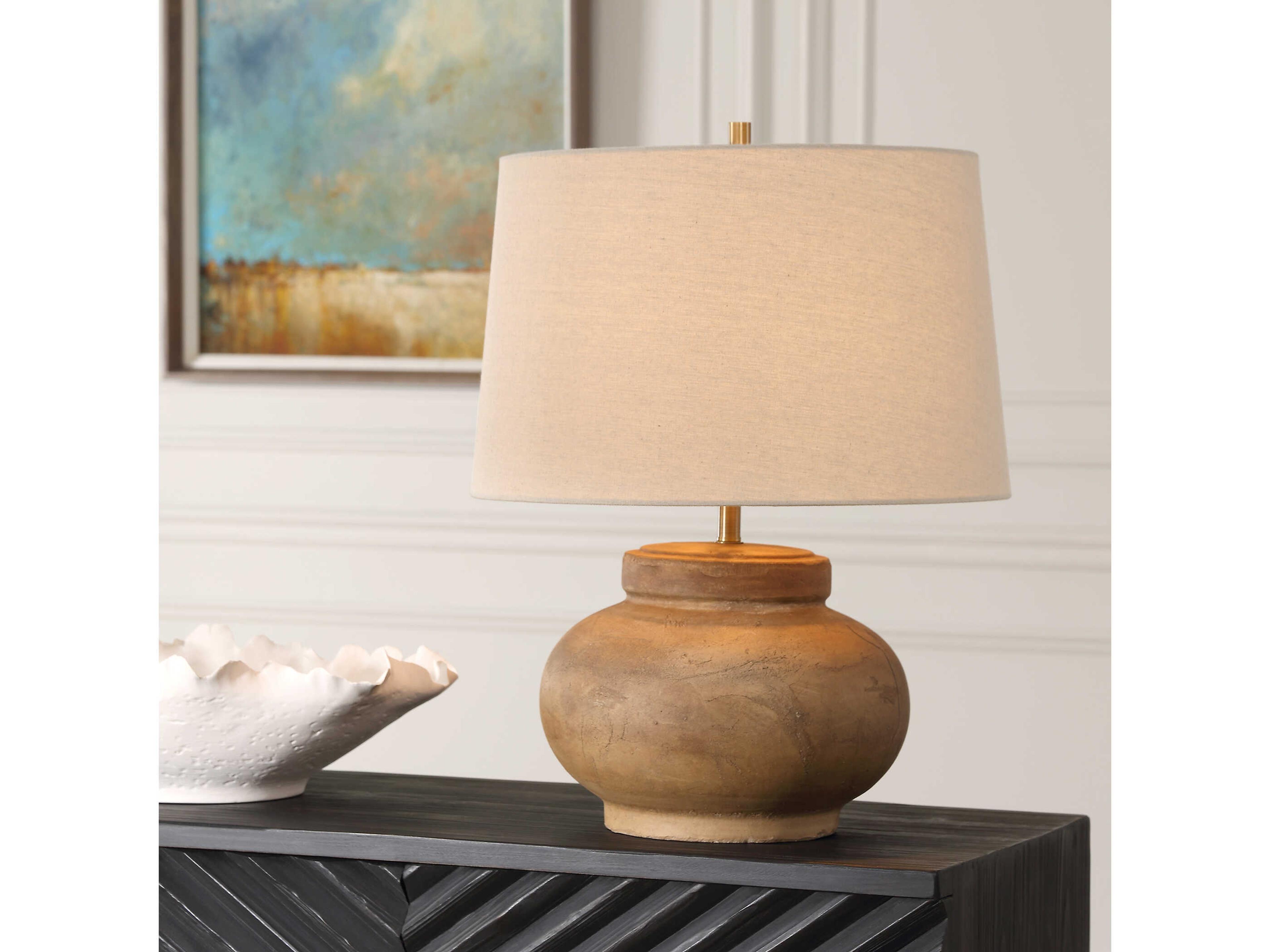 Uttermost Urbino Distressed Terracotta Round Hardback Rolled Edge Brown Table Lamp