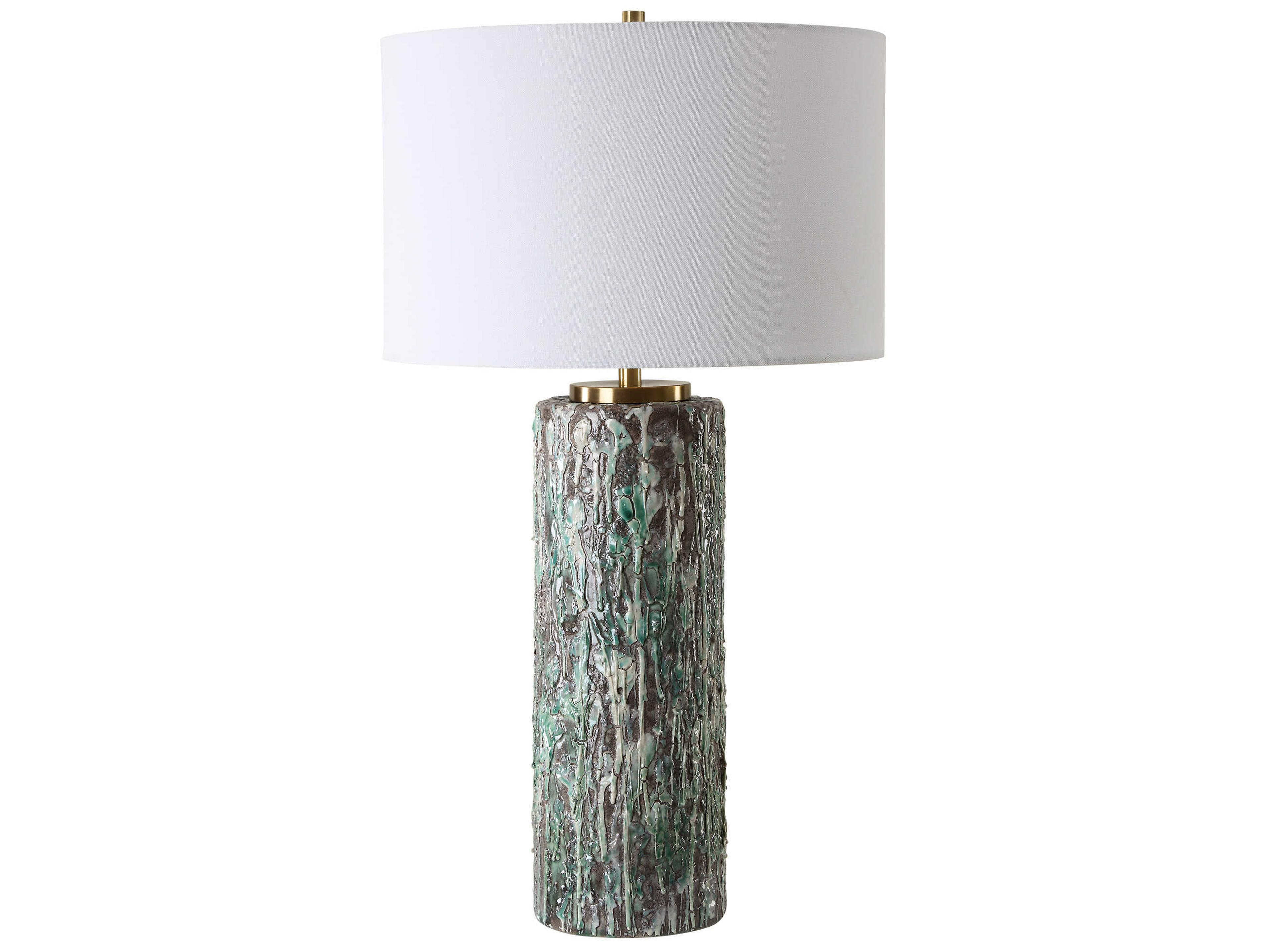 Meltdown Textured Ivory Teal Round Drum Hardback Green Buffet Lamp