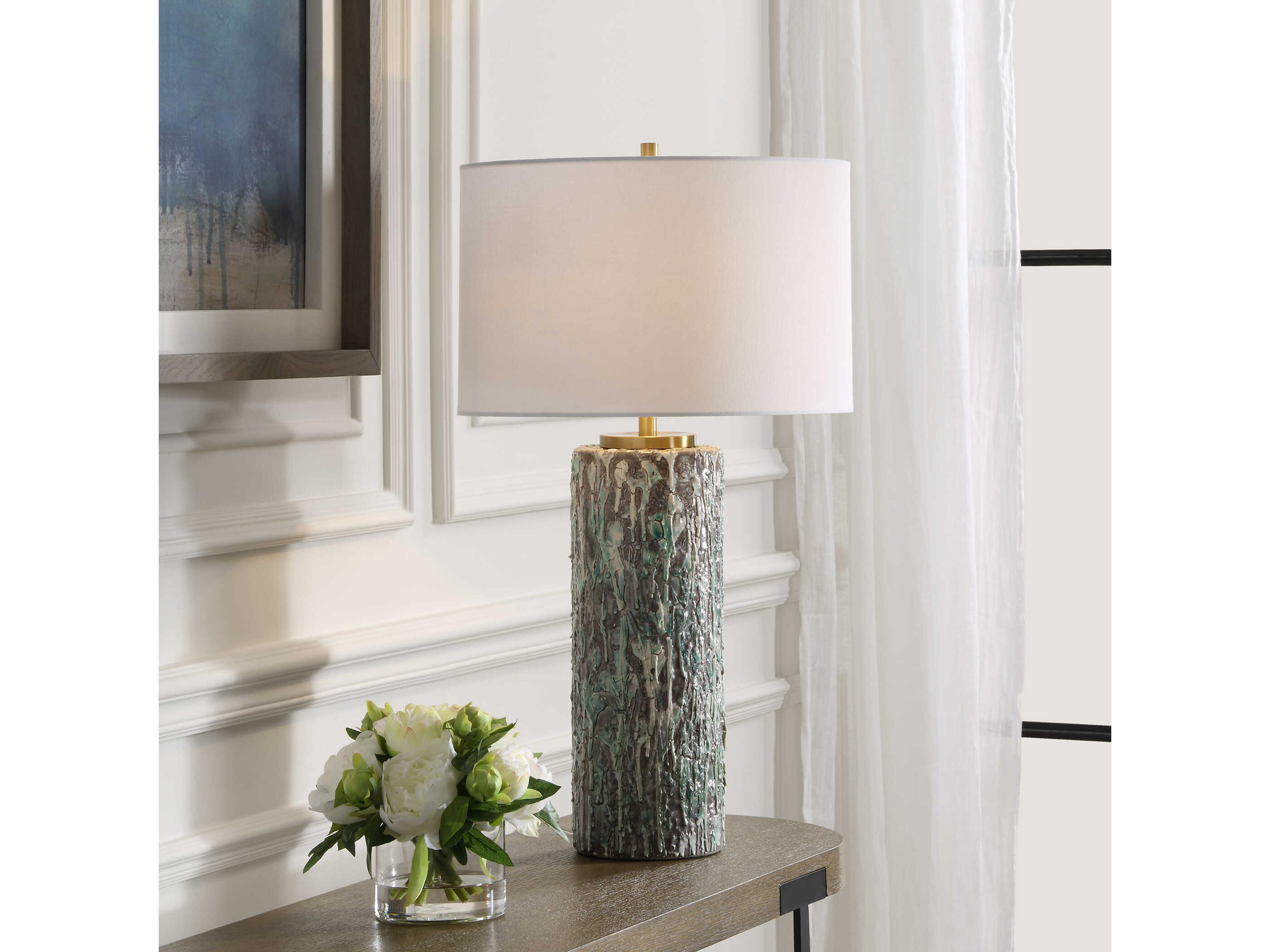 Uttermost Meltdown Textured Ivory Teal Round Drum Hardback Green Buffet Lamp