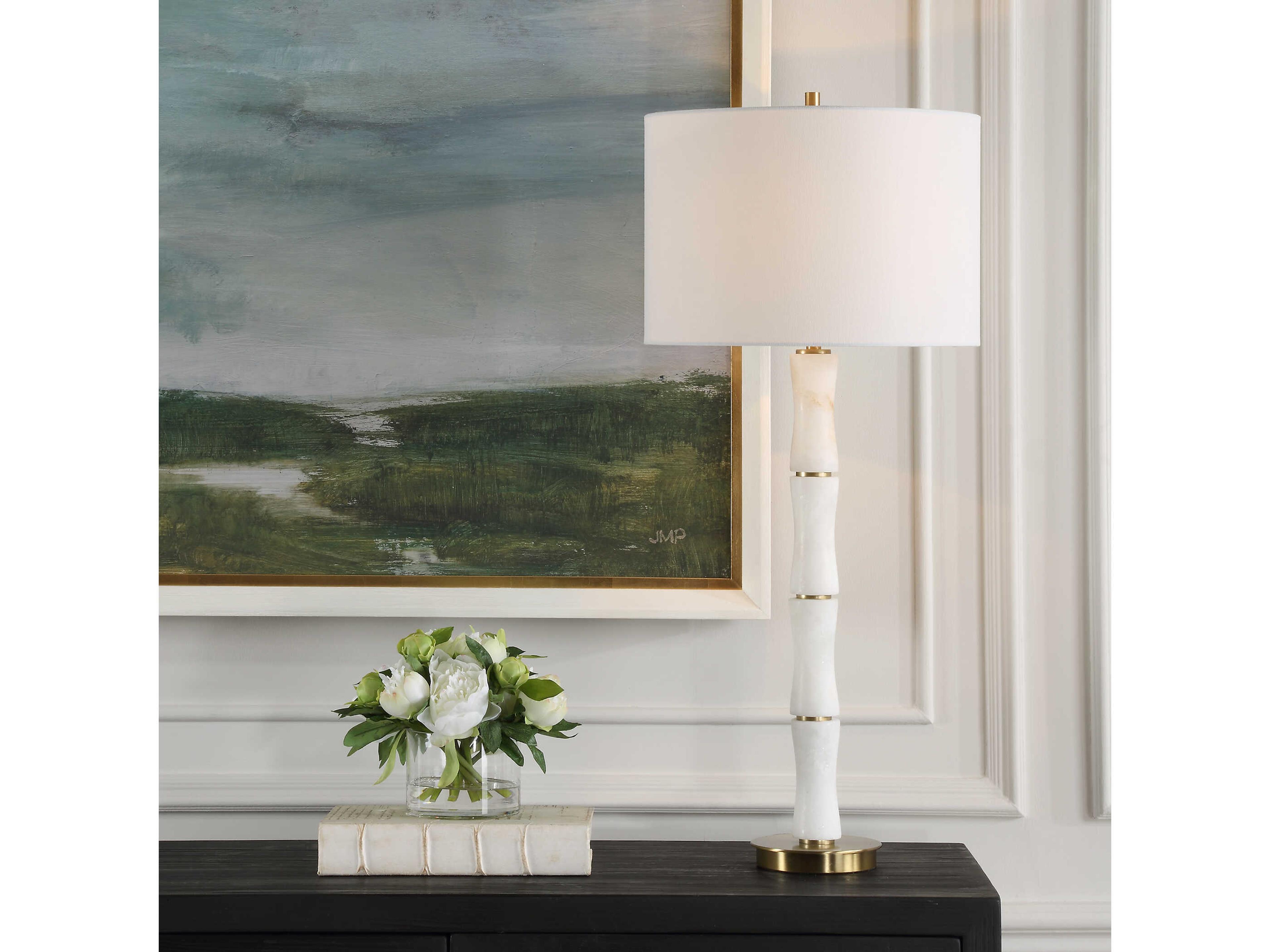 Uttermost Unify Polished Alabaster Round Drum Hardback White Buffet Lamp