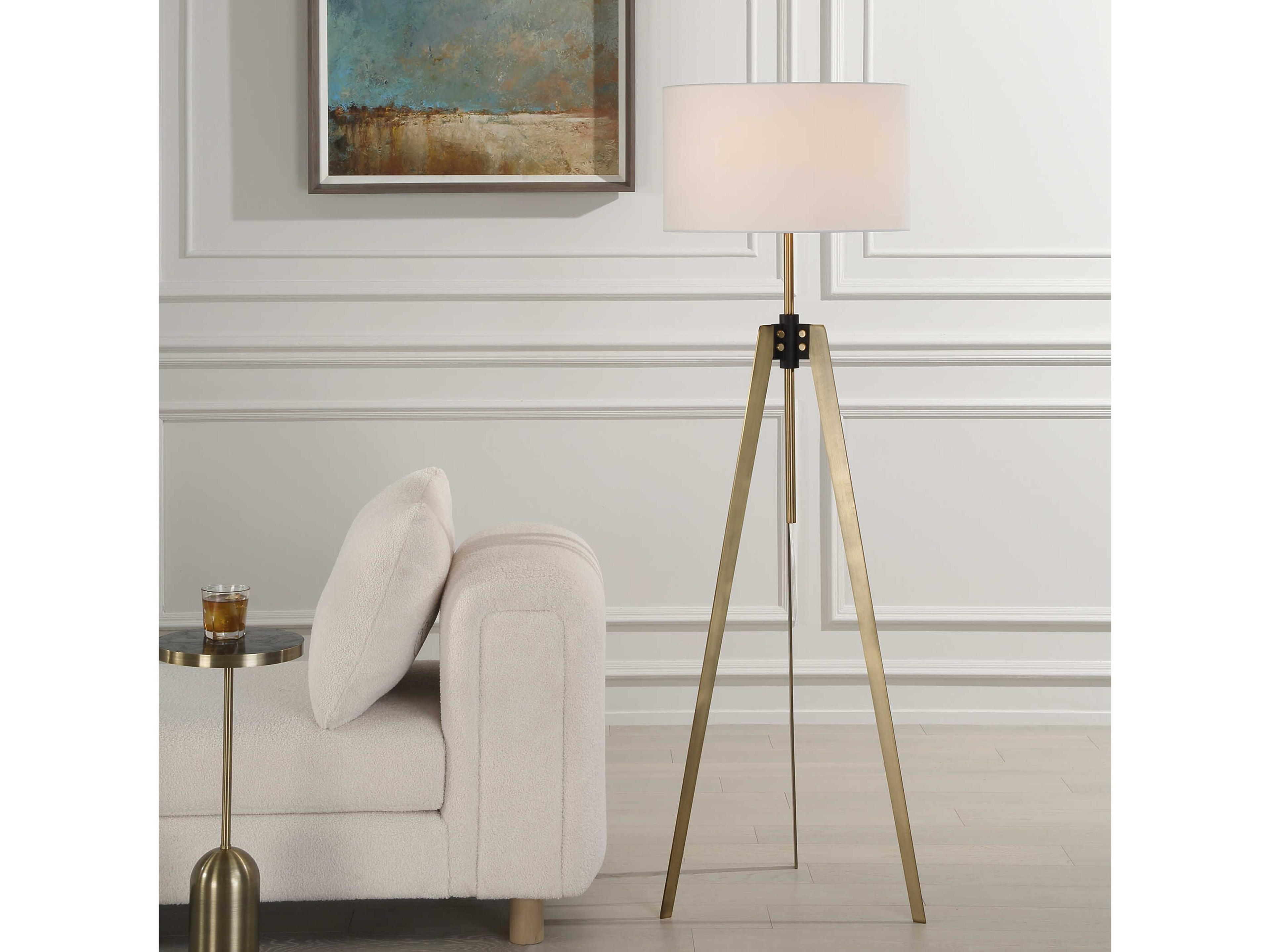 Uttermost Anchorage Antique Brass Round Drum Hardback Floor Lamp