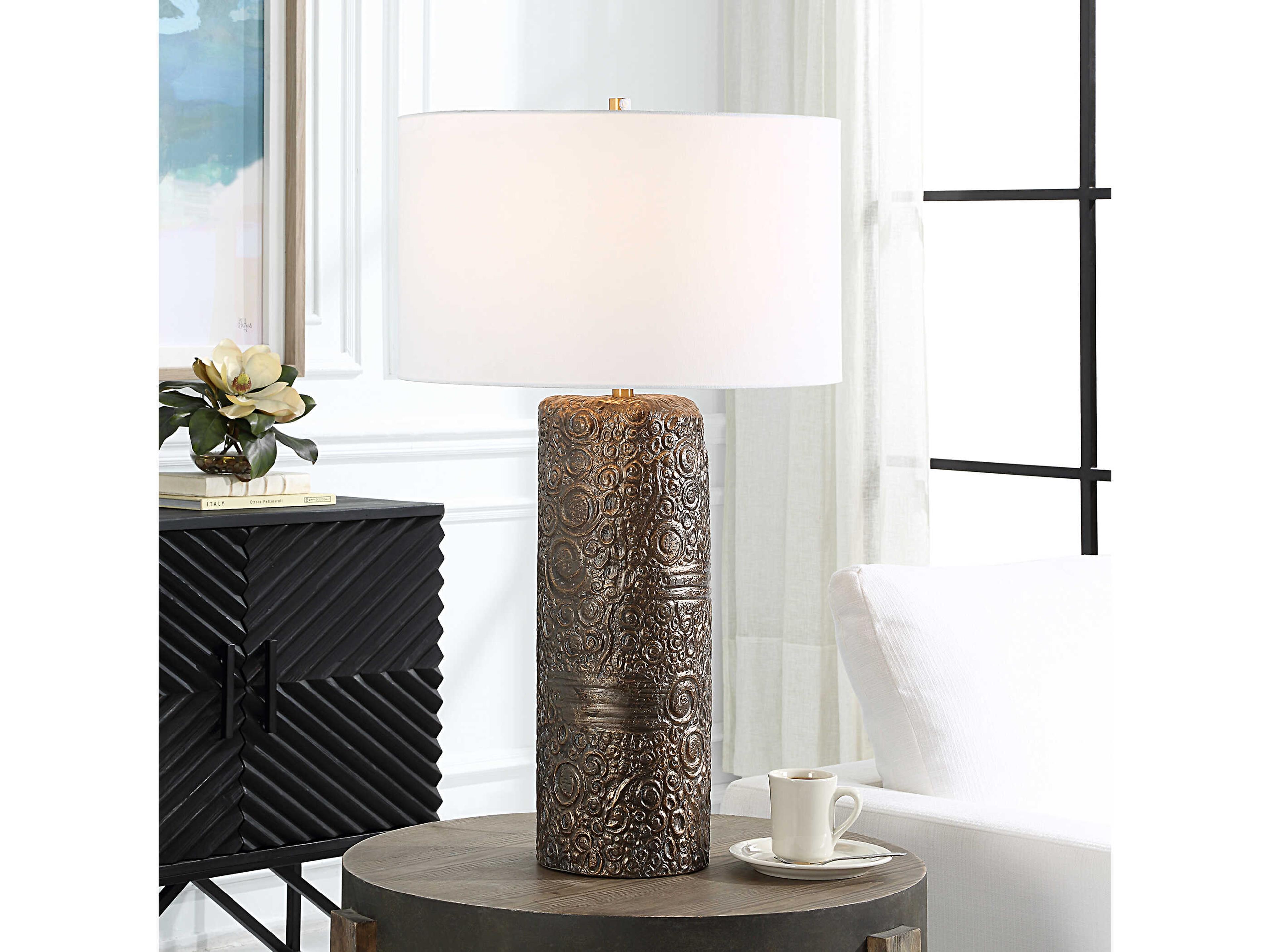 Uttermost Malaga Distressed Aged Bronze Round Drum Hardback Buffet Lamp