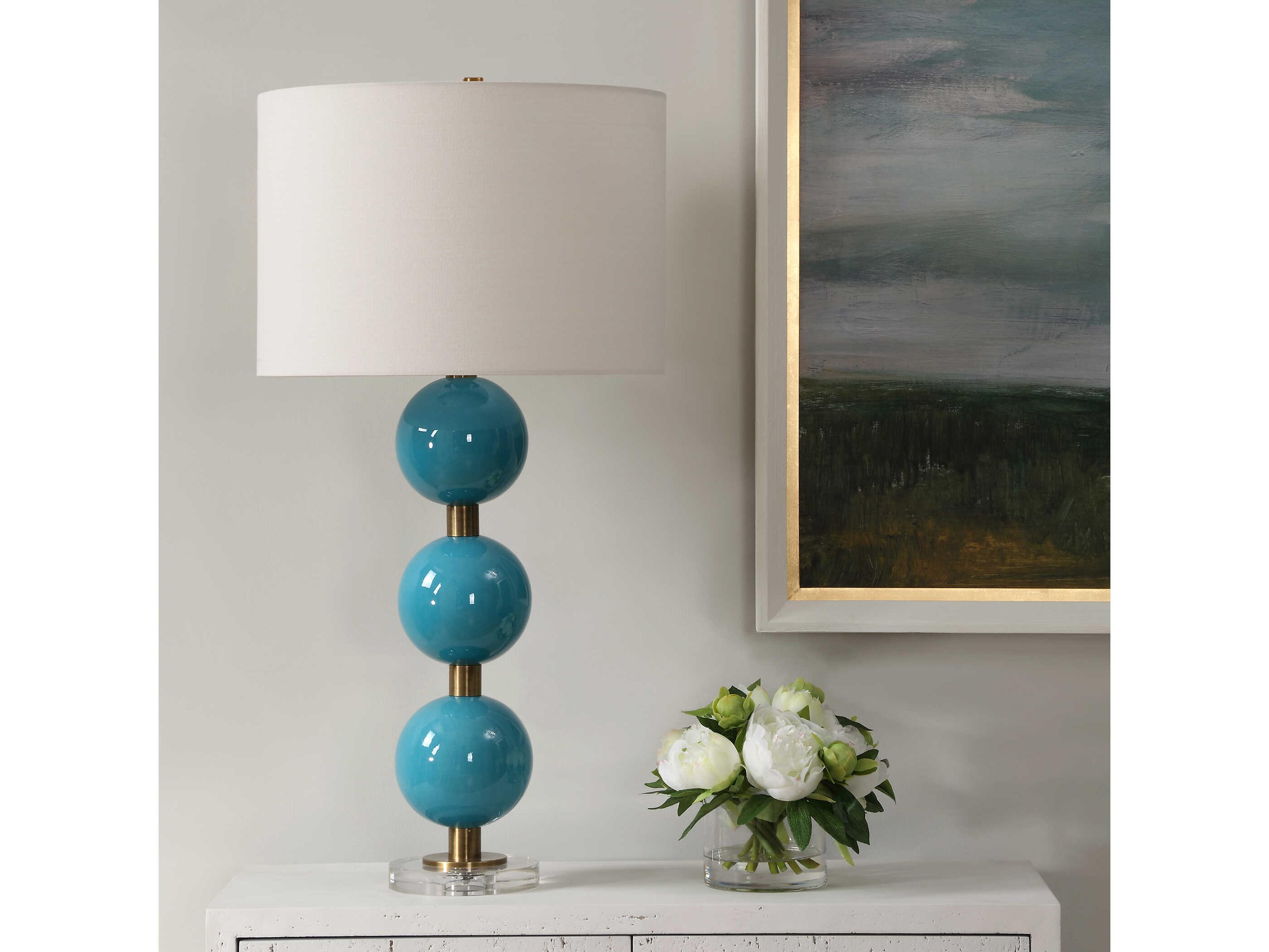 Uttermost Palawan Turquoise Blue Round Drum Hardback Buffet Lamp
