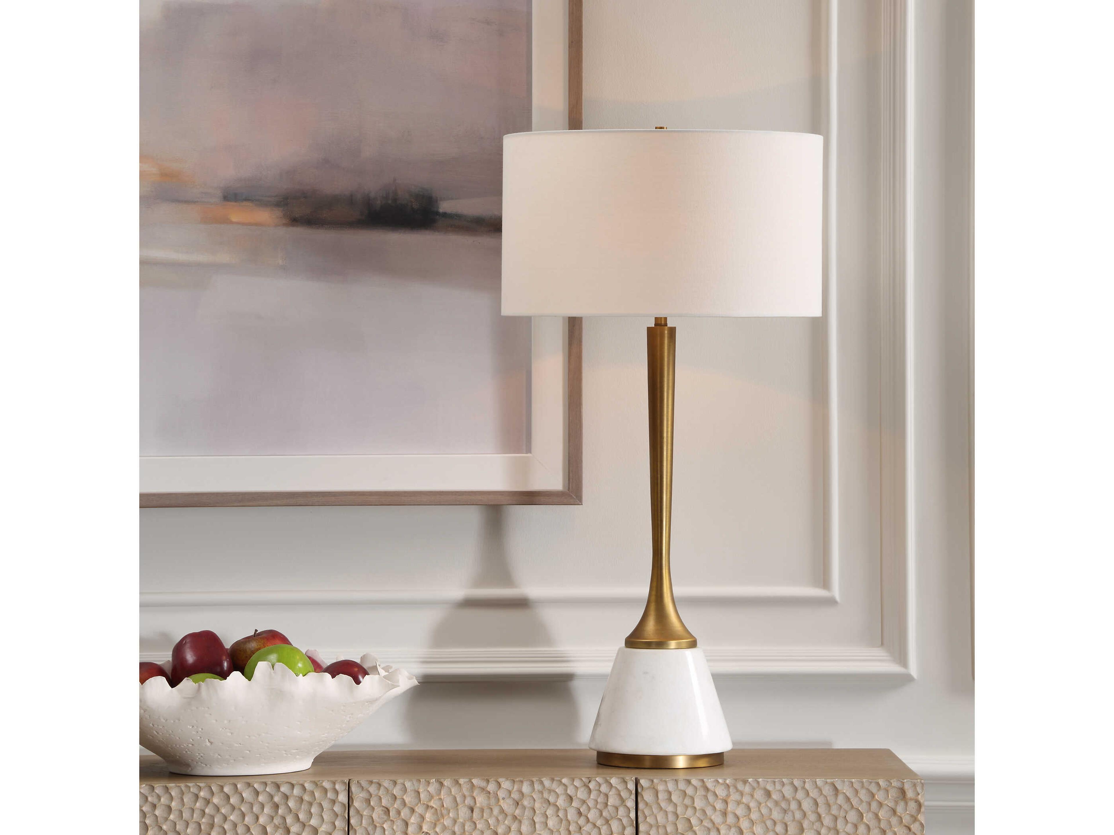 Uttermost Avola White Antique Brass Round Drum Hardback Buffet Lamp