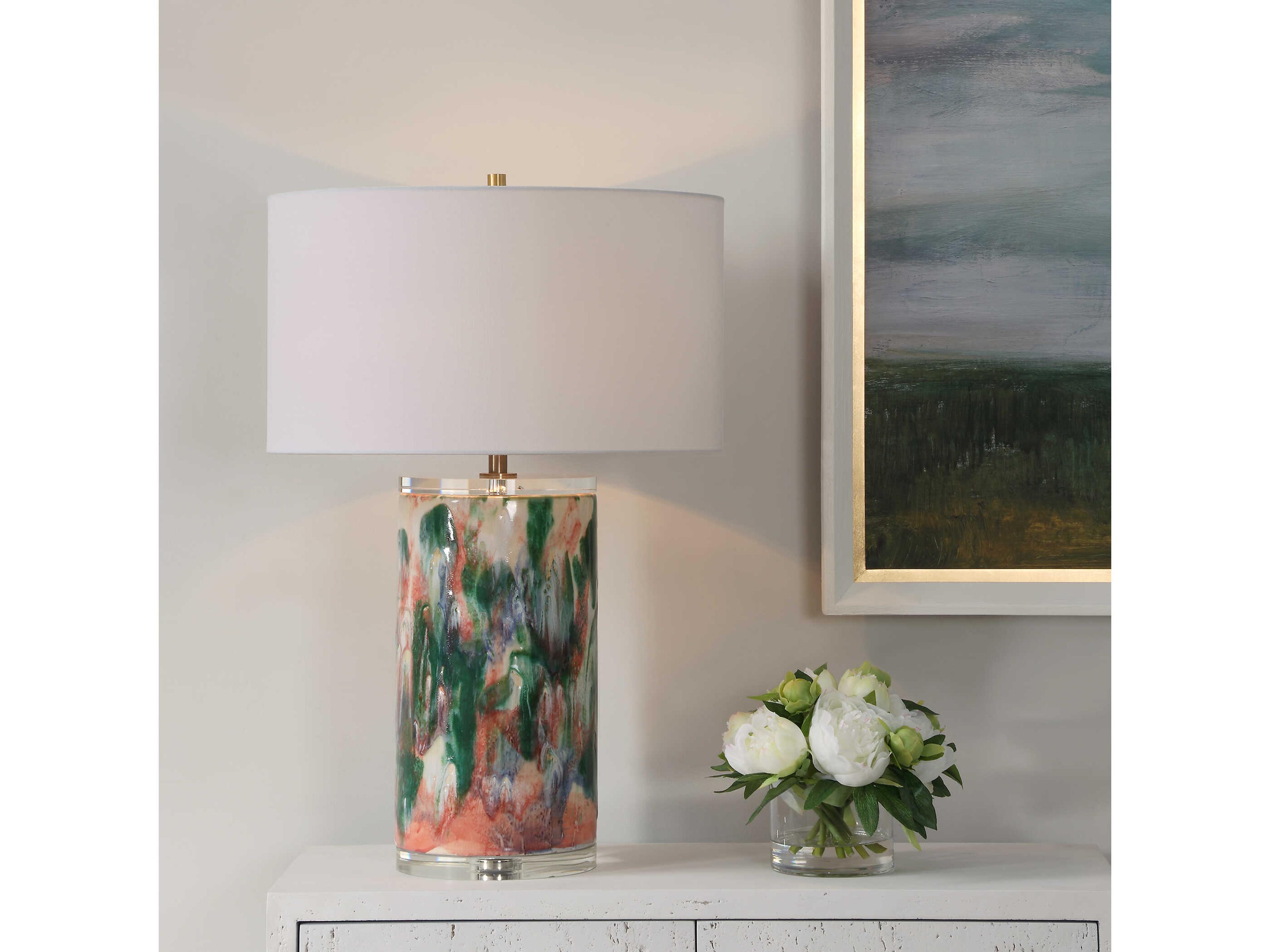 Uttermost Verdant Green Blue Salmon Round Drum Hardback Buffet Lamp