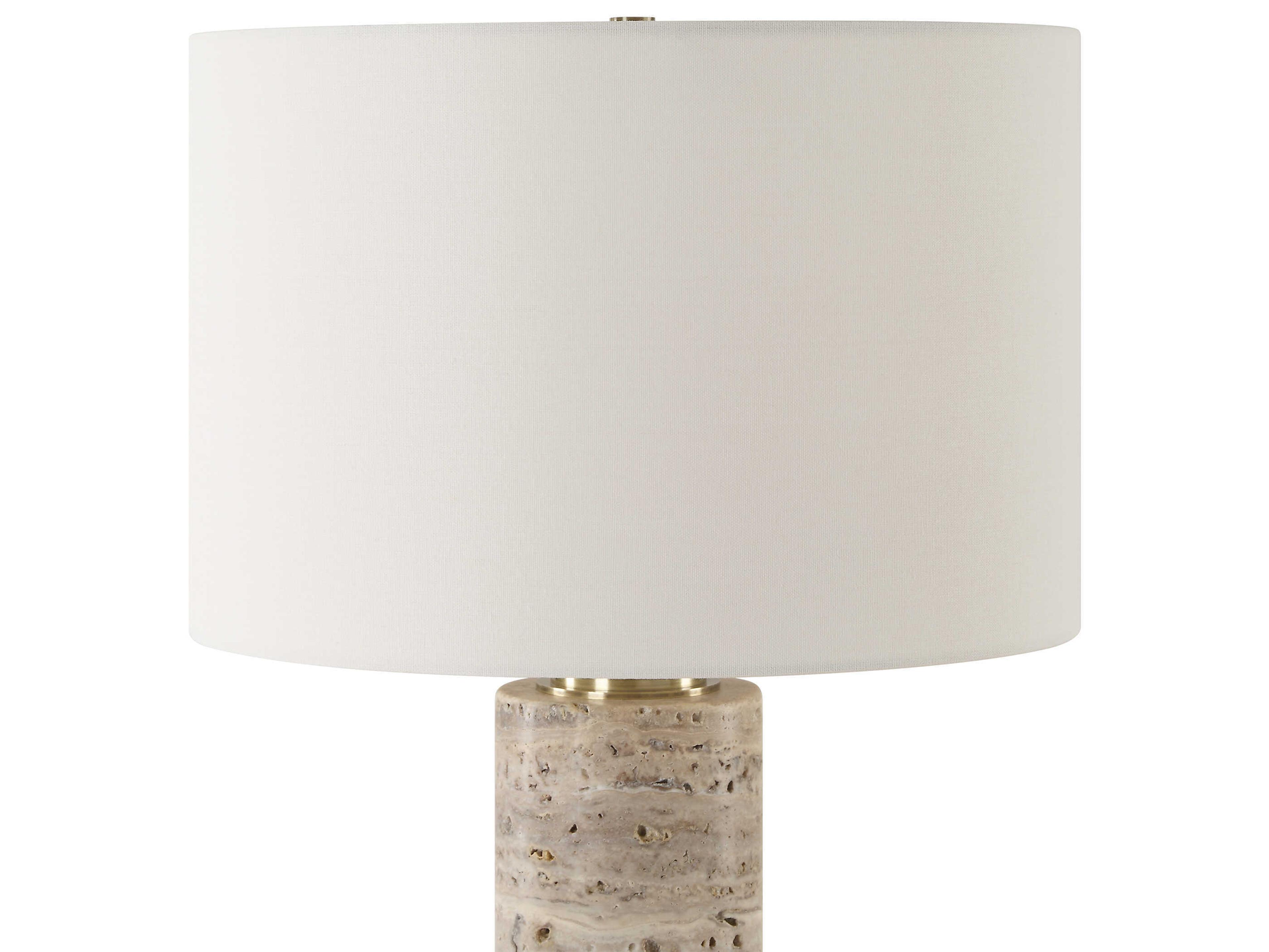 Uttermost Cortado Honed Travertine Round Hardback Drum Gray Table Lamp