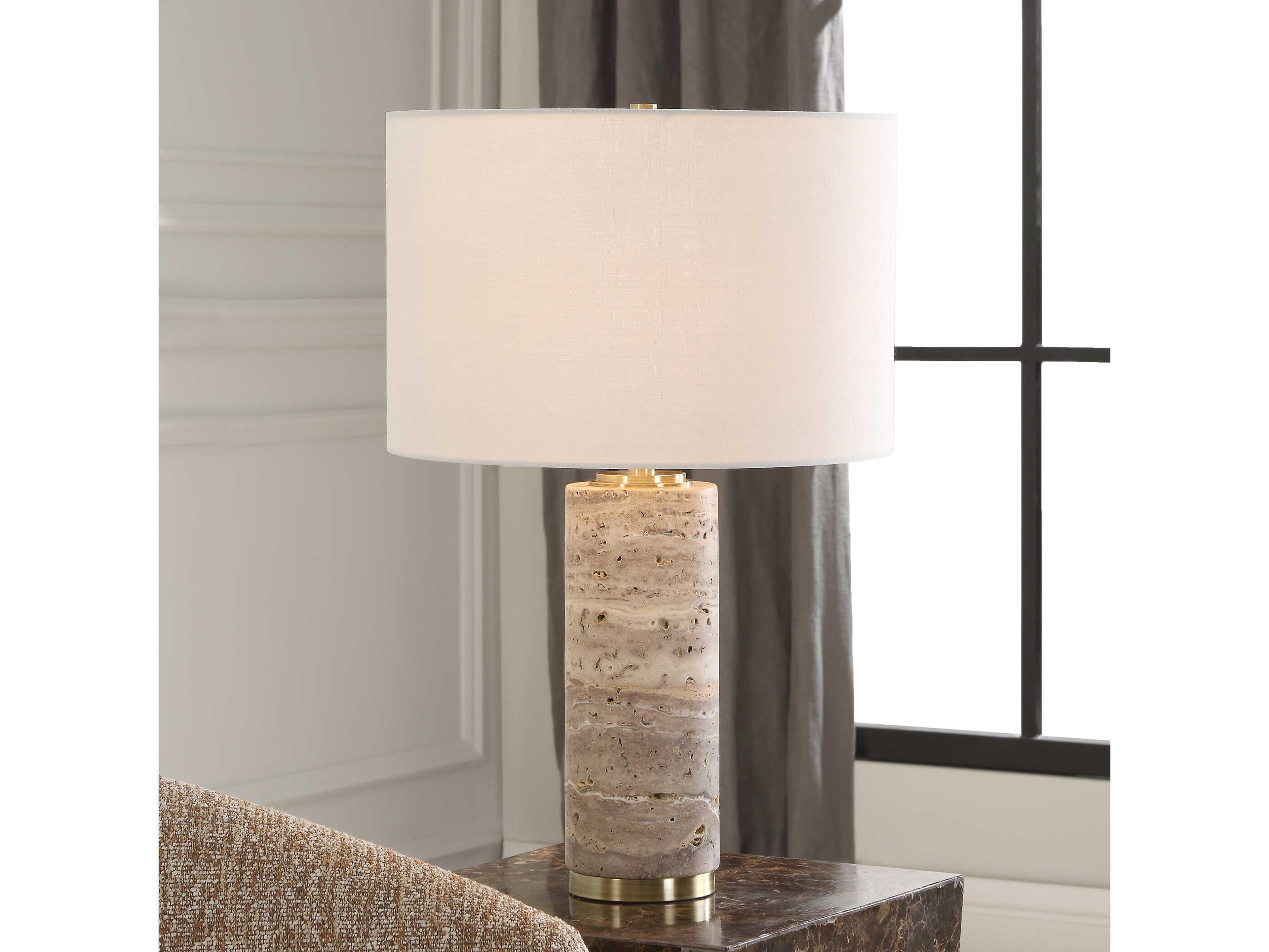 Uttermost Cortado Honed Travertine Round Hardback Drum Gray Table Lamp