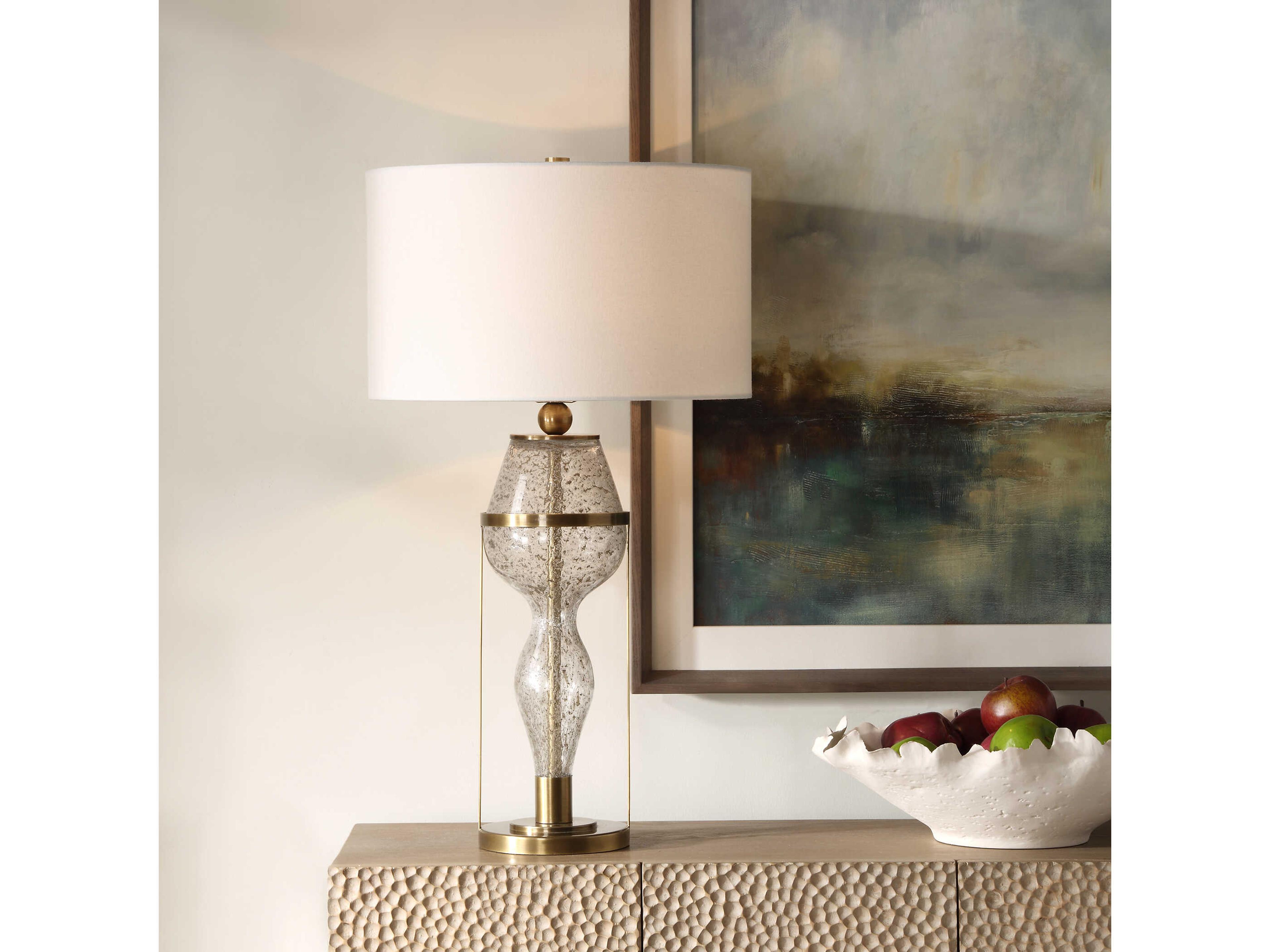 Uttermost Out Of Time Seeded Gray Round Hardback Drum Buffet Lamp