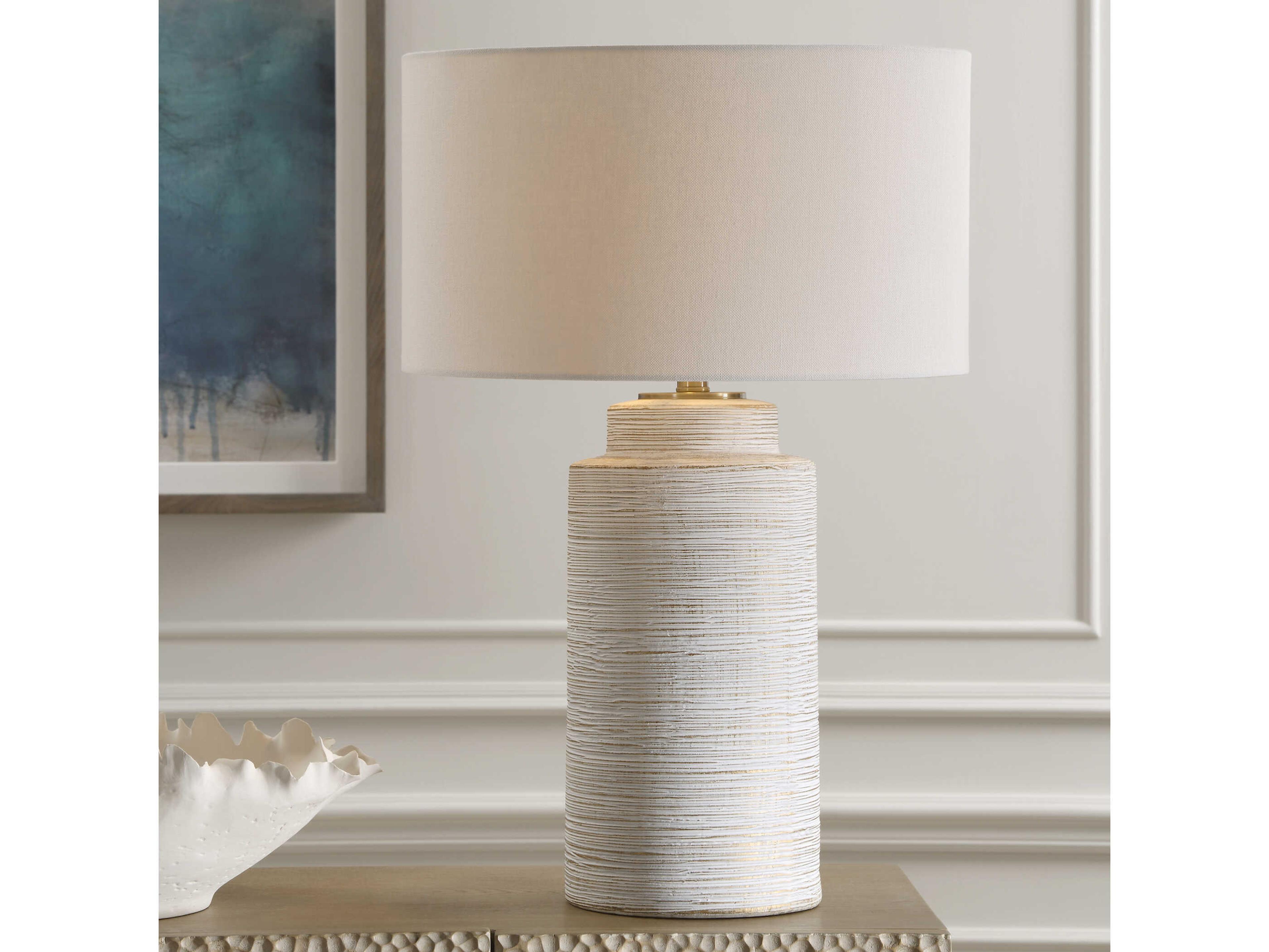 Uttermost Crimp Distressed Ivory Round Hardback White Buffet Lamp