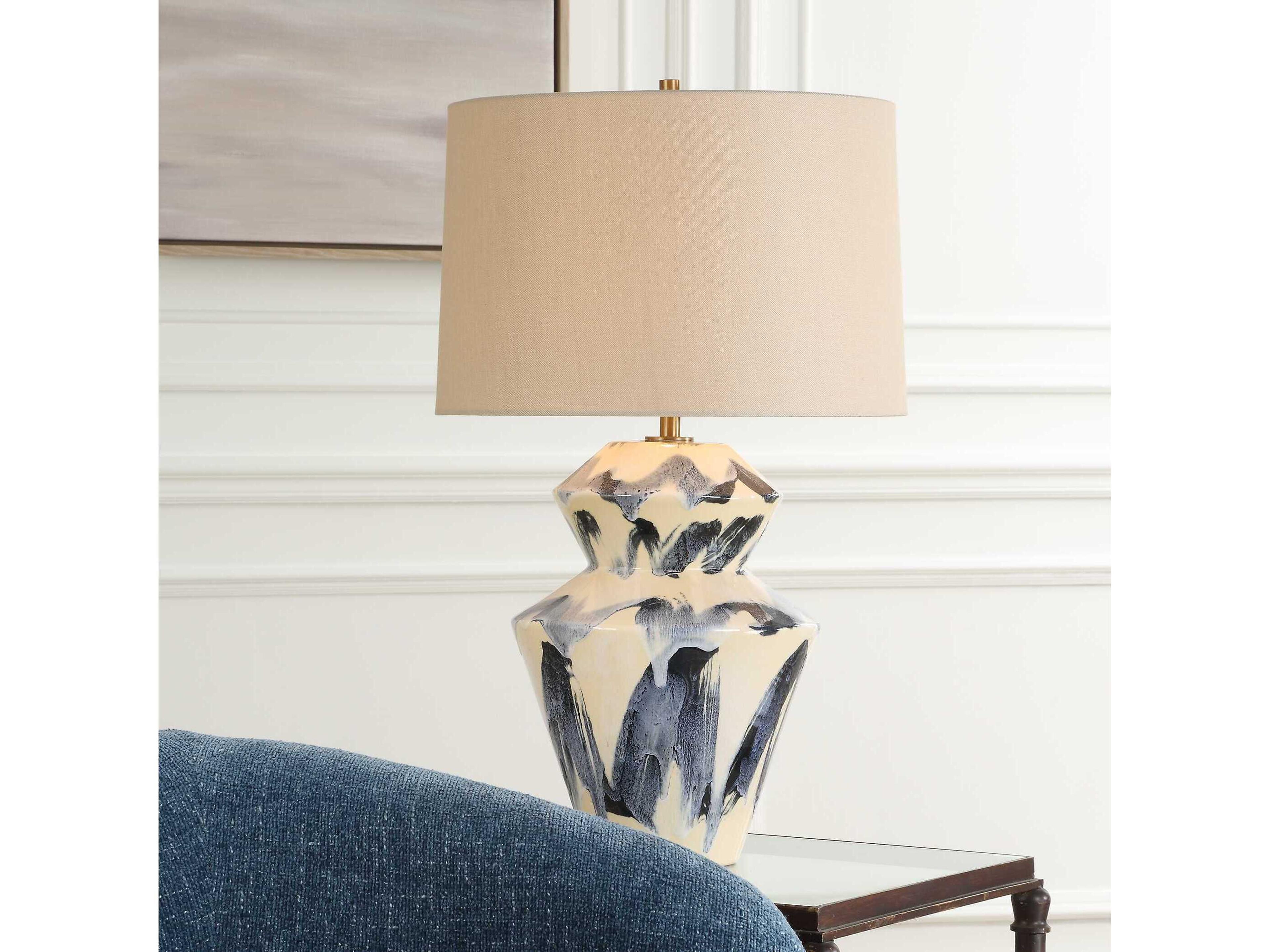 Uttermost Oranda Blue White Tapered Round Hardback Buffet Lamp