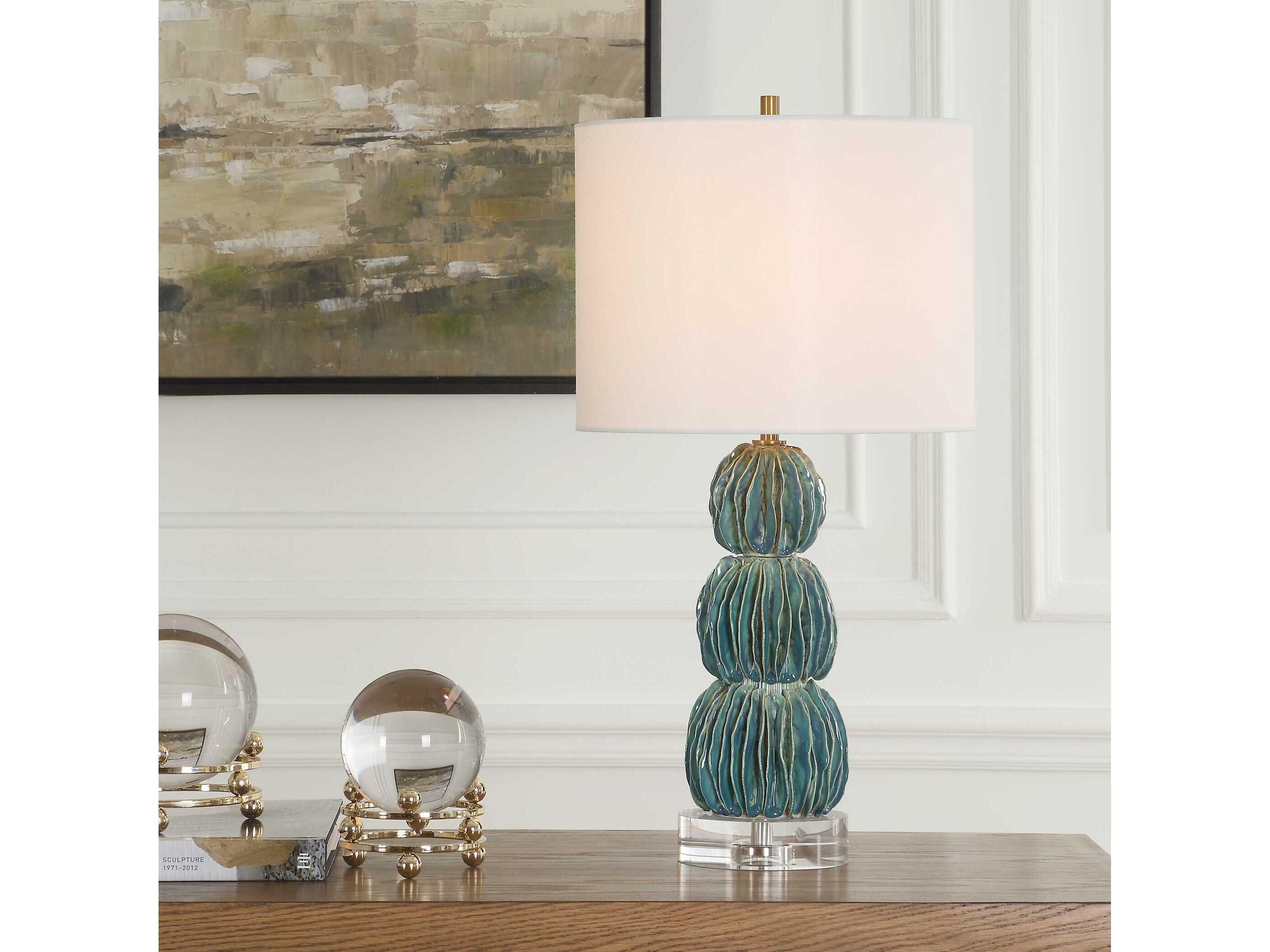 Uttermost Bonaire A Distressed Mottled Teal Blue Round Drum Hardback Buffet Lamp