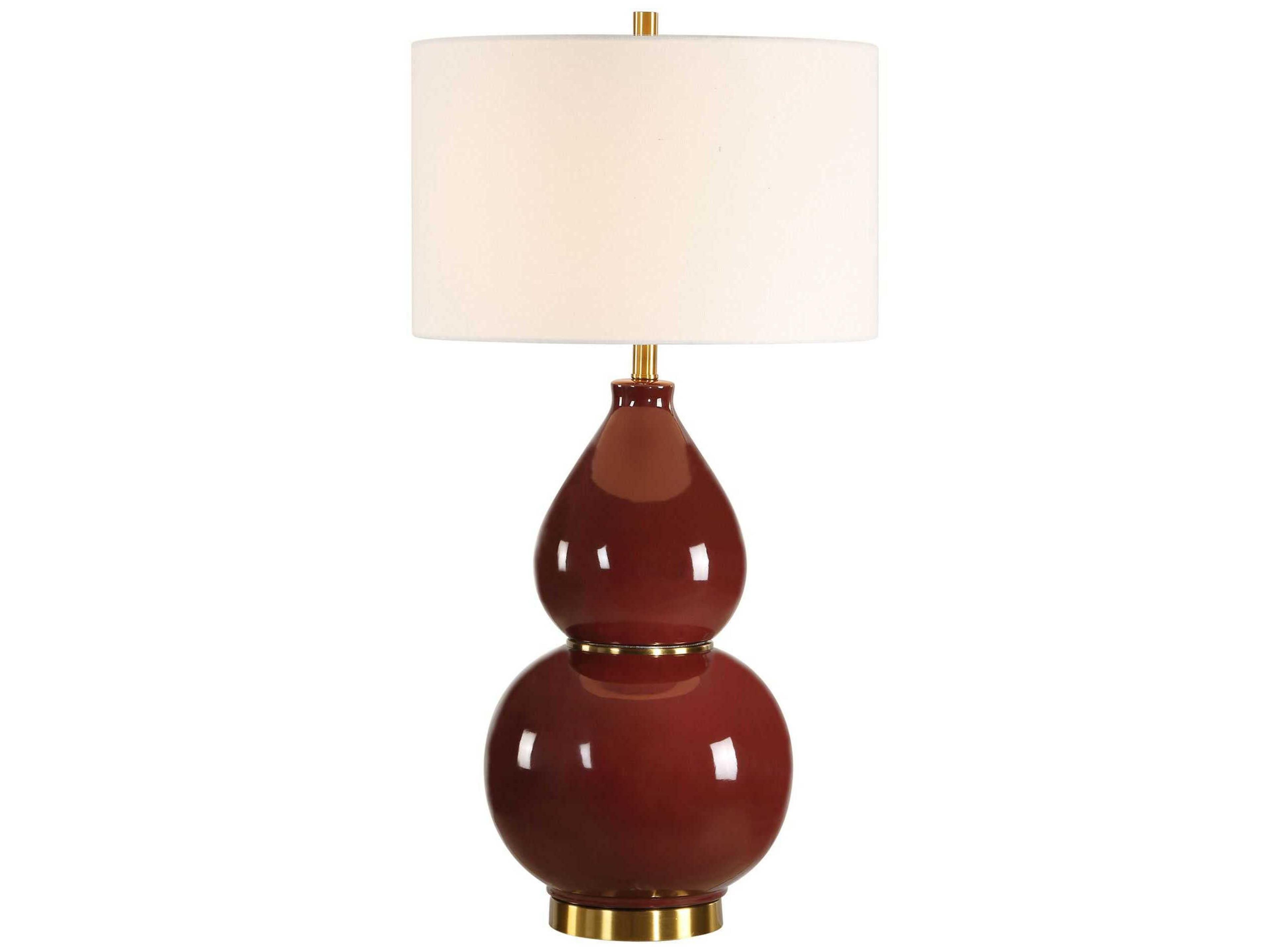 Gourd Burgundy Ceramic Table Lamp with White Linen Shade