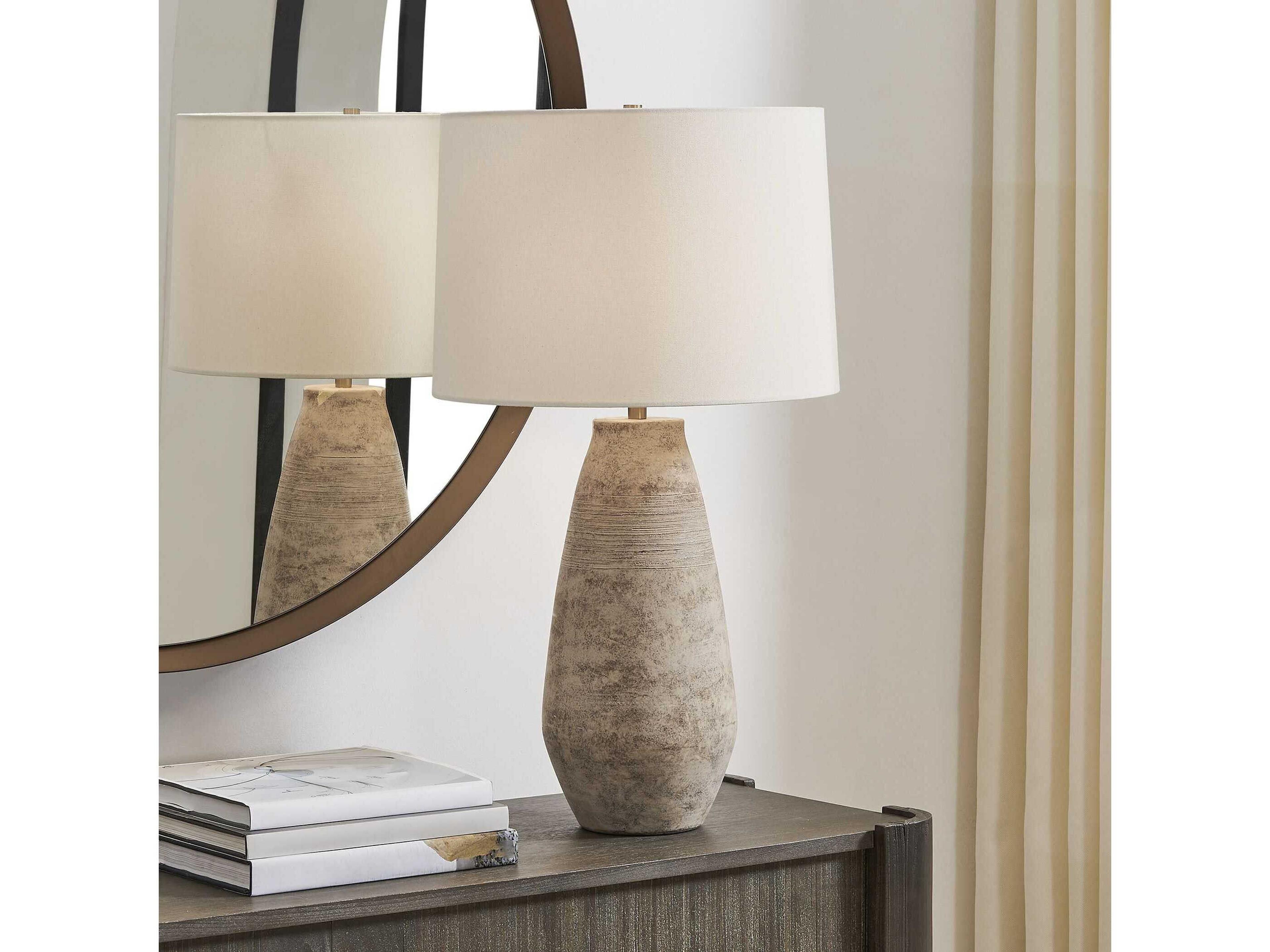 Uttermost Dunford Aged Light Gray Round With Liner Brown Buffet Lamp