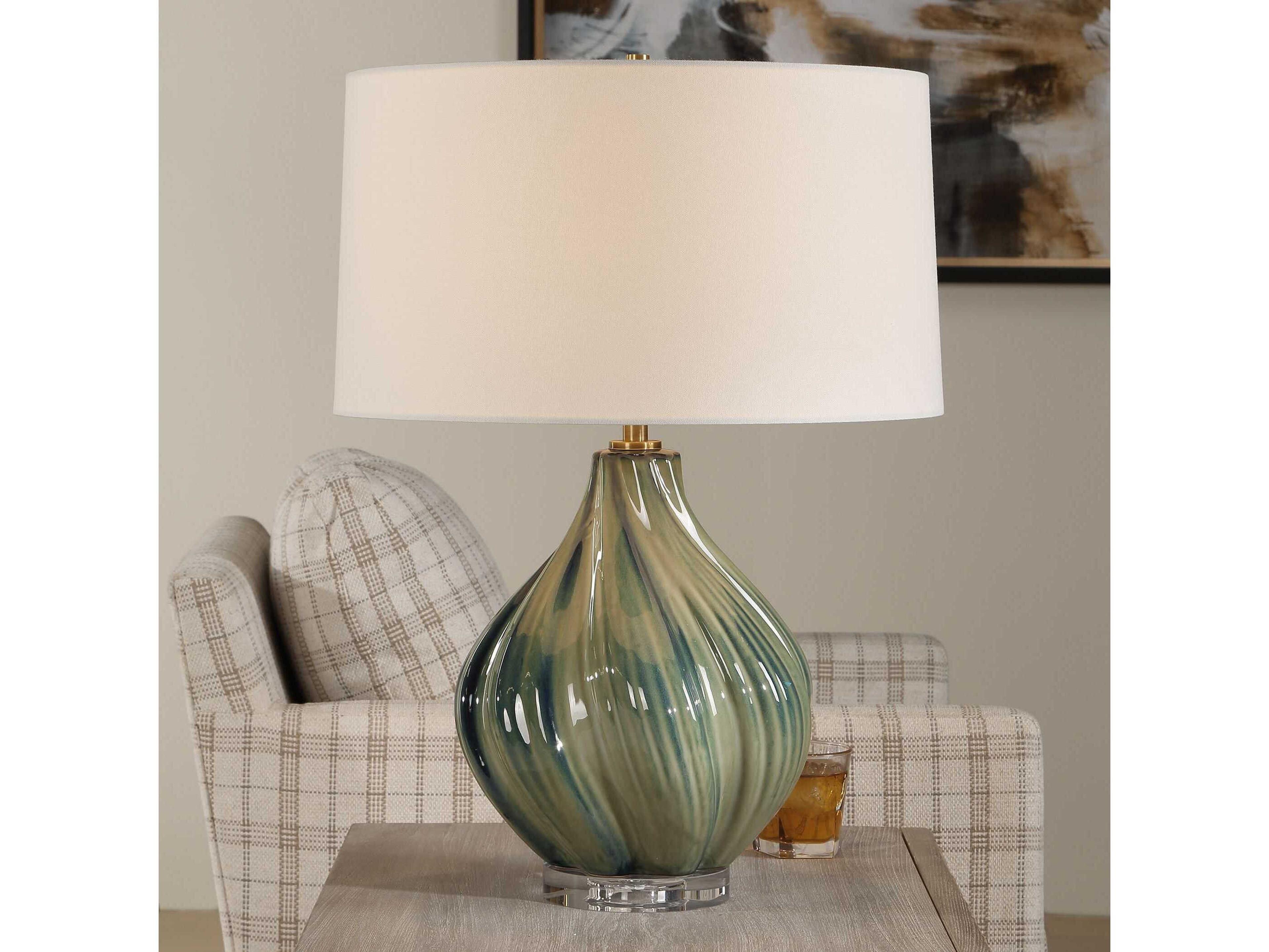Uttermost Tausha Muted Green Blue Drum Hardback Rolled Edge Buffet Lamp