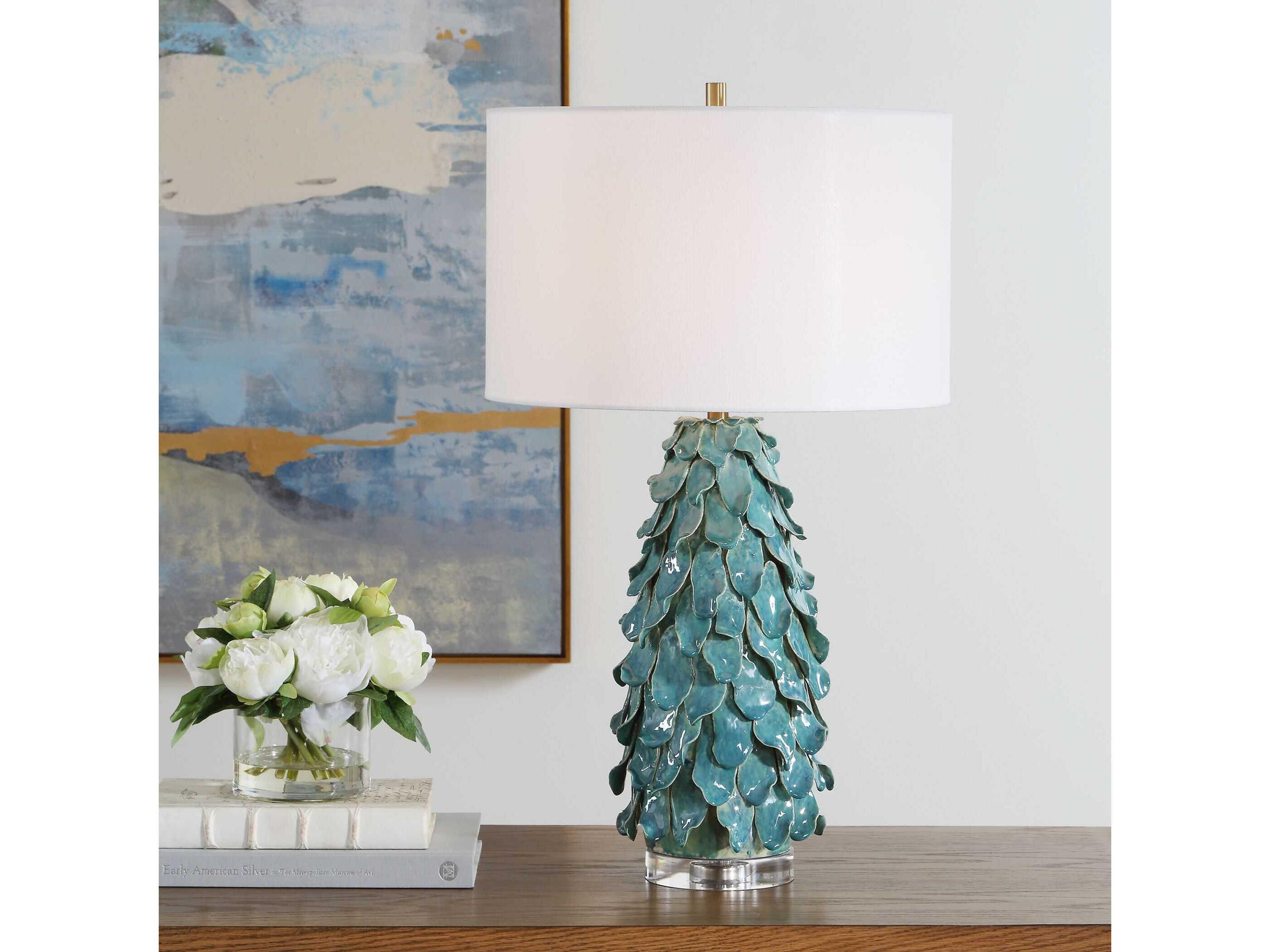 Uttermost Mina Teal Blue Round Drum Hardback Buffet Lamp