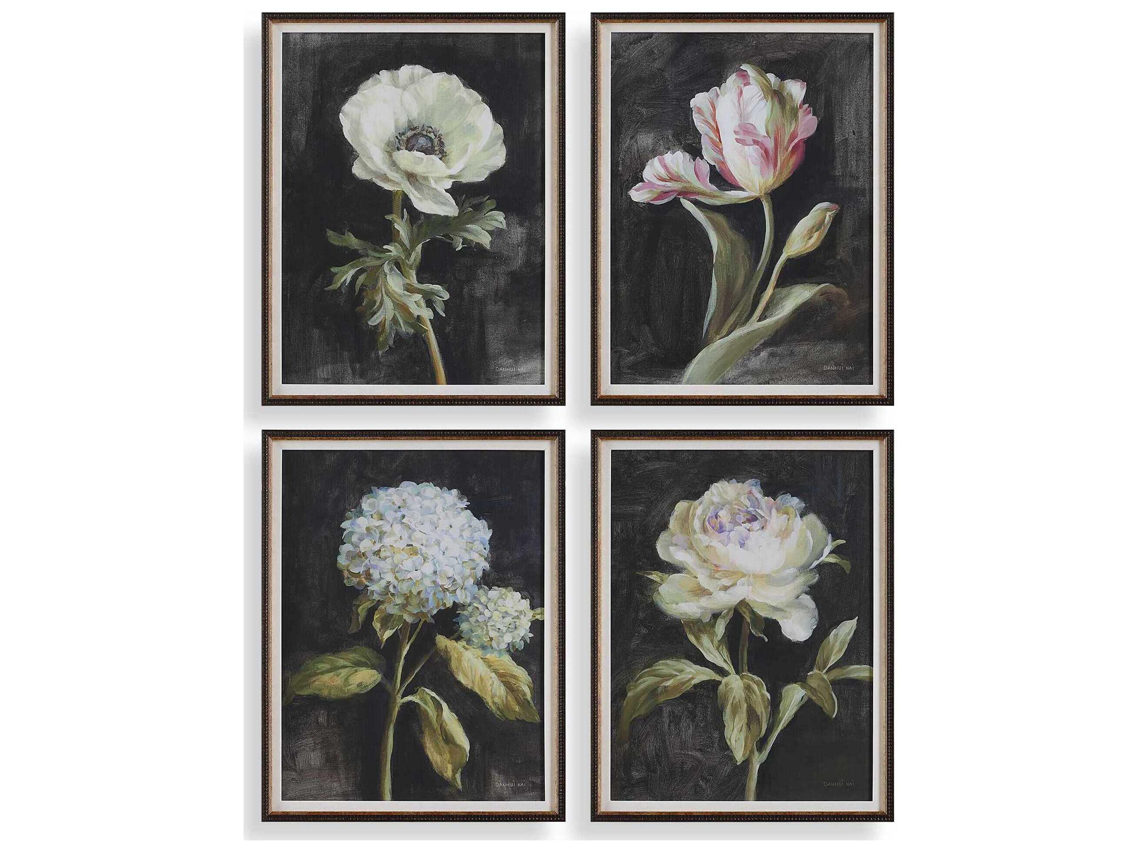 Florals On Black Framed Prints Set of 4