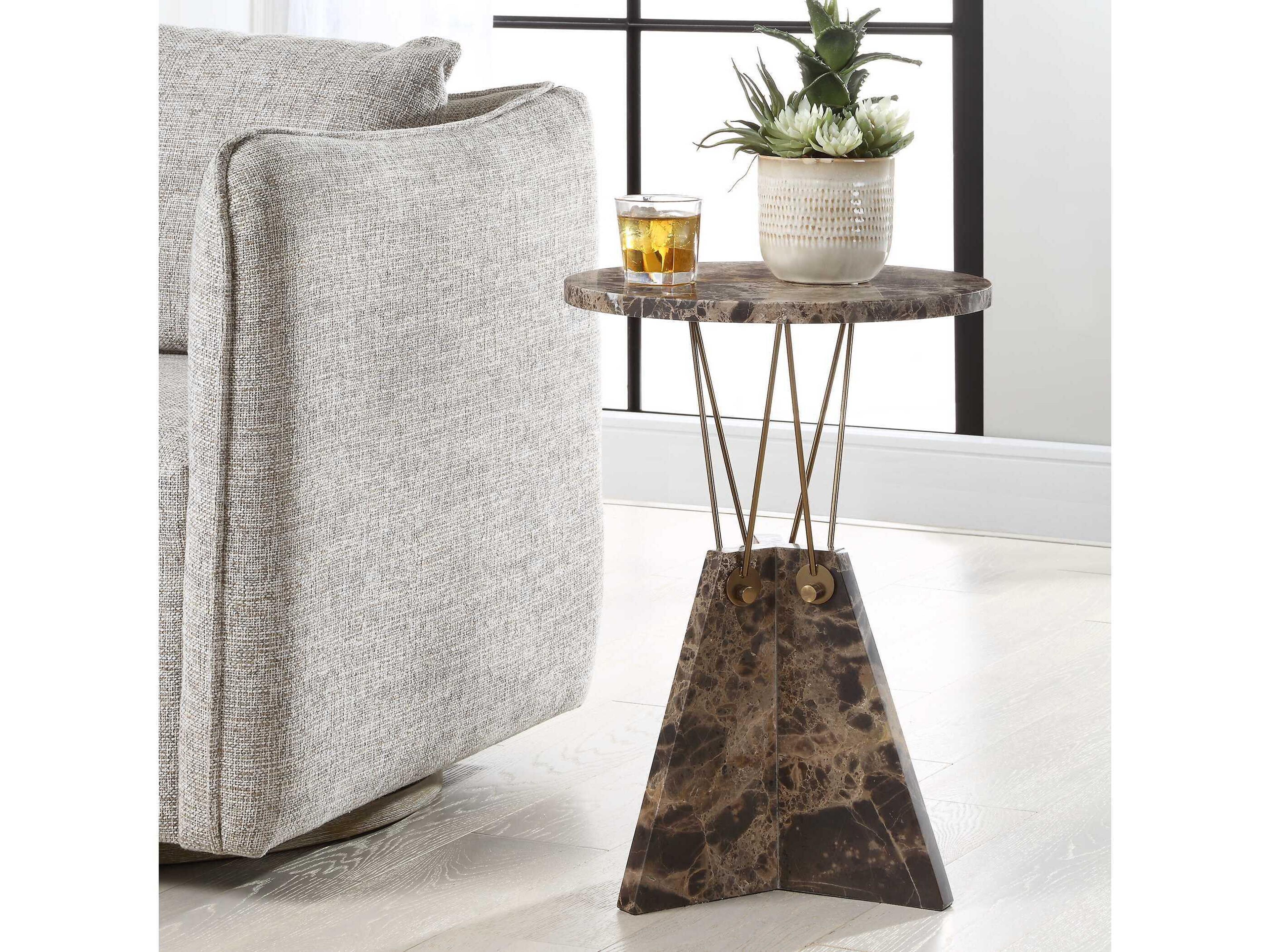 Uttermost Levitate Round Emperador Brown Marble End Table