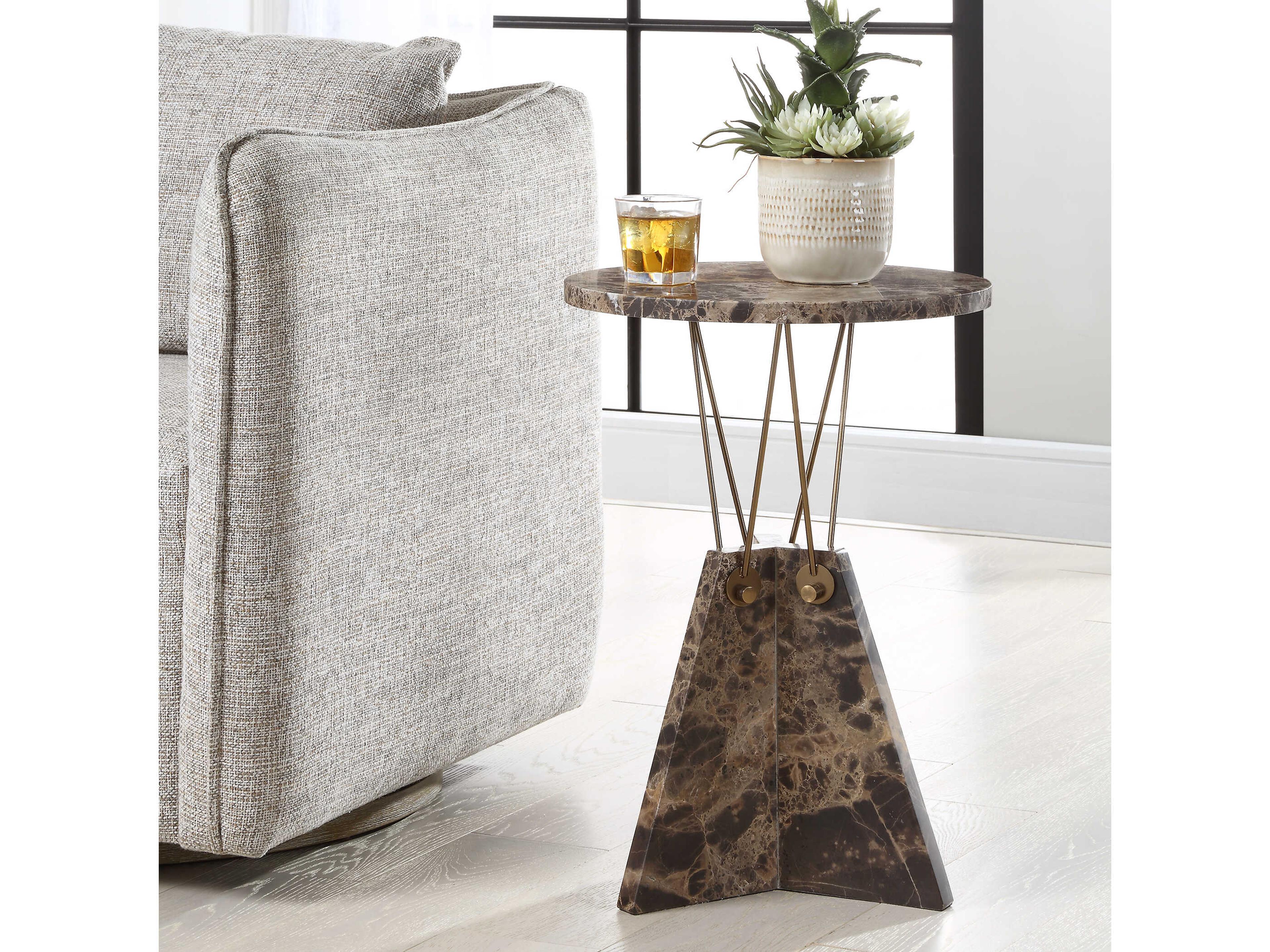 Uttermost Levitate Round Emperador Brown Marble End Table