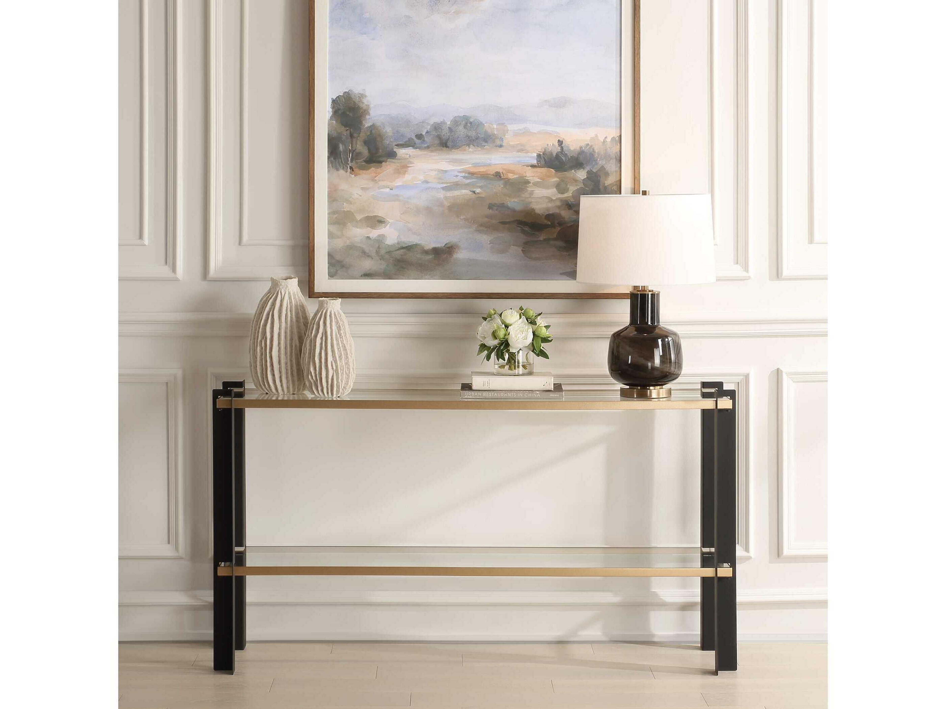 Uttermost Cunene Rectangular Glass Matte Black Gold Leaf Console Table
