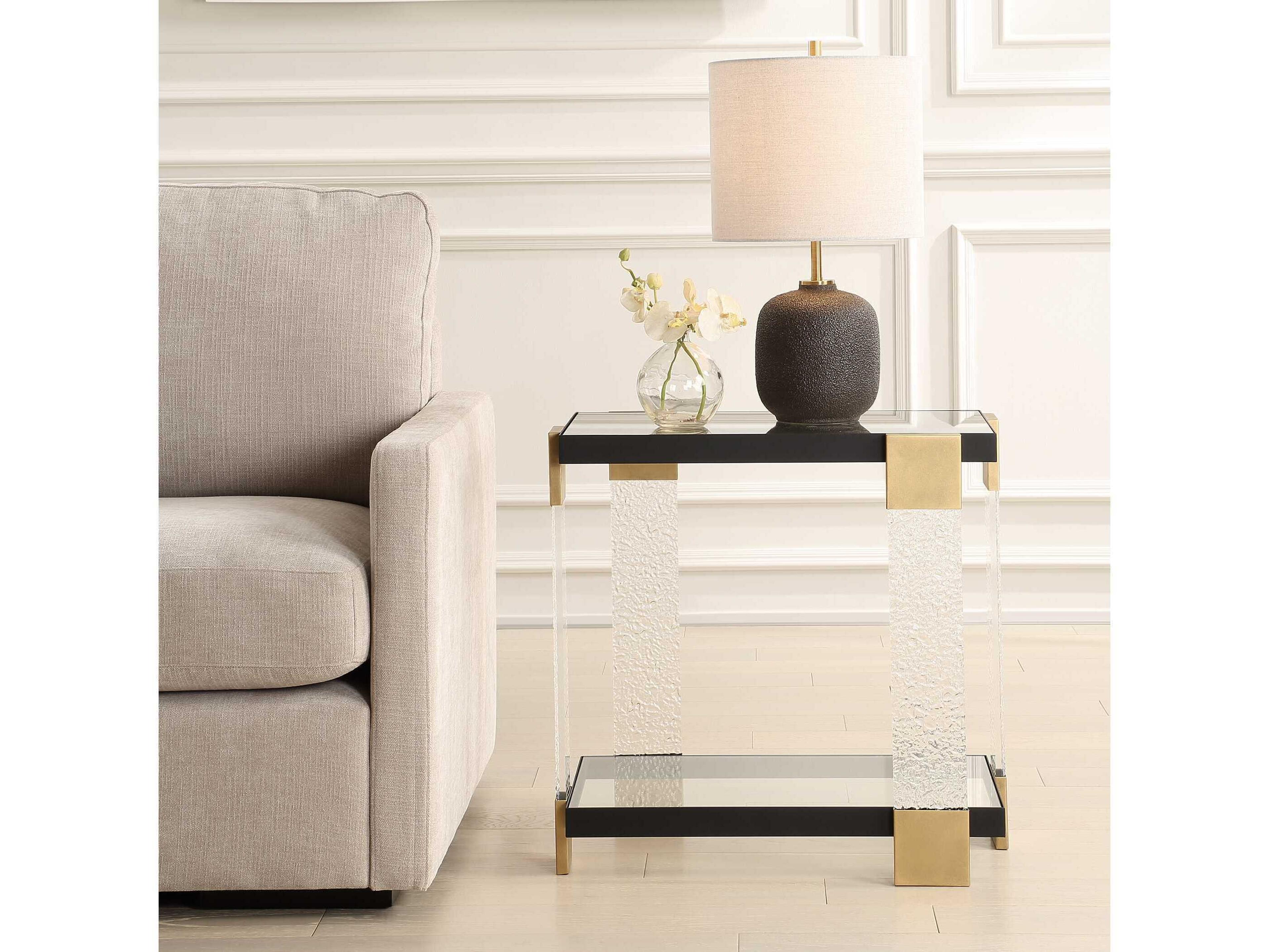 Uttermost Bendena Rectangular Glass Satin Black Brass End Table