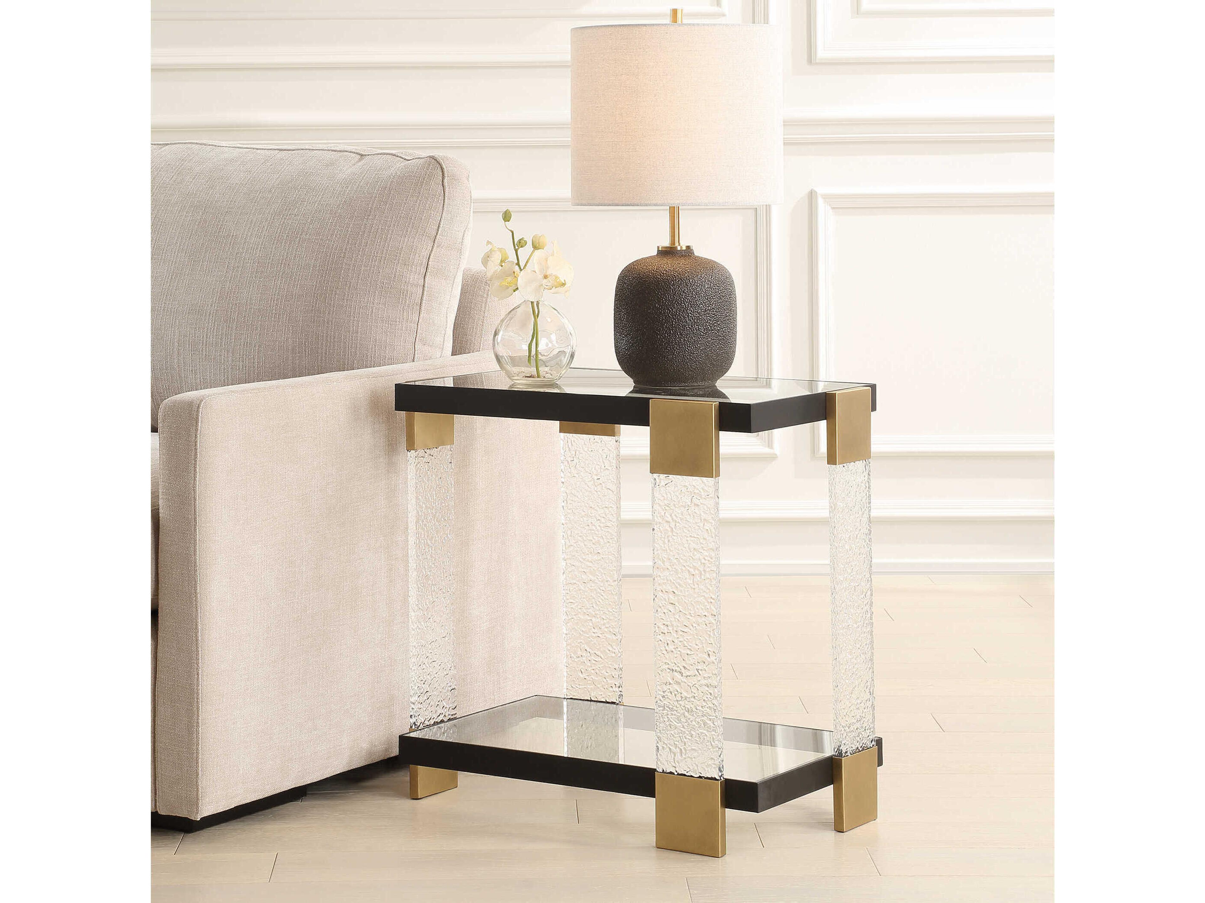 Uttermost Bendena Rectangular Glass Satin Black Brass End Table