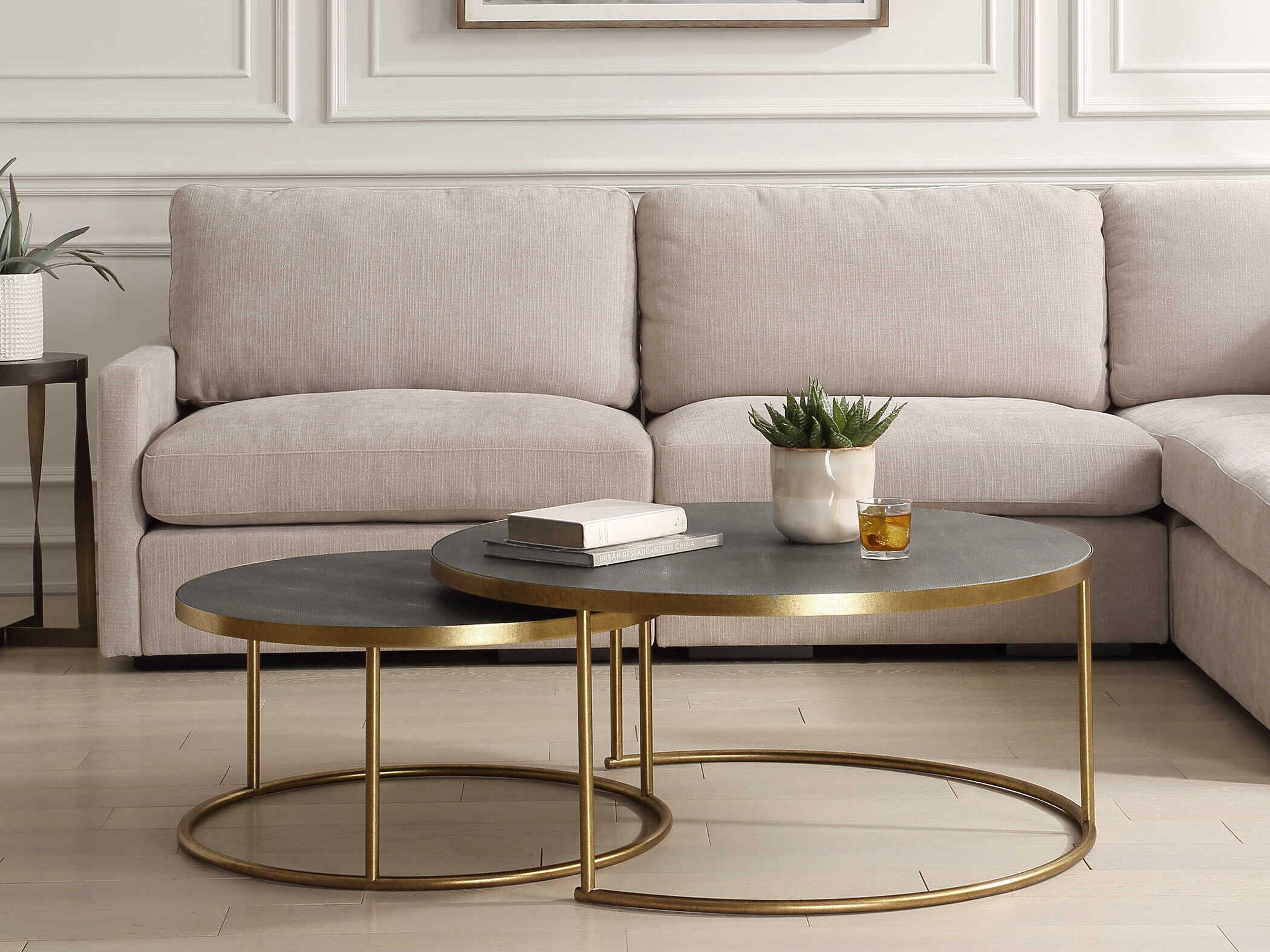Uttermost Aragon Round Faux Leather Gray Brushed Brass Coffee Table