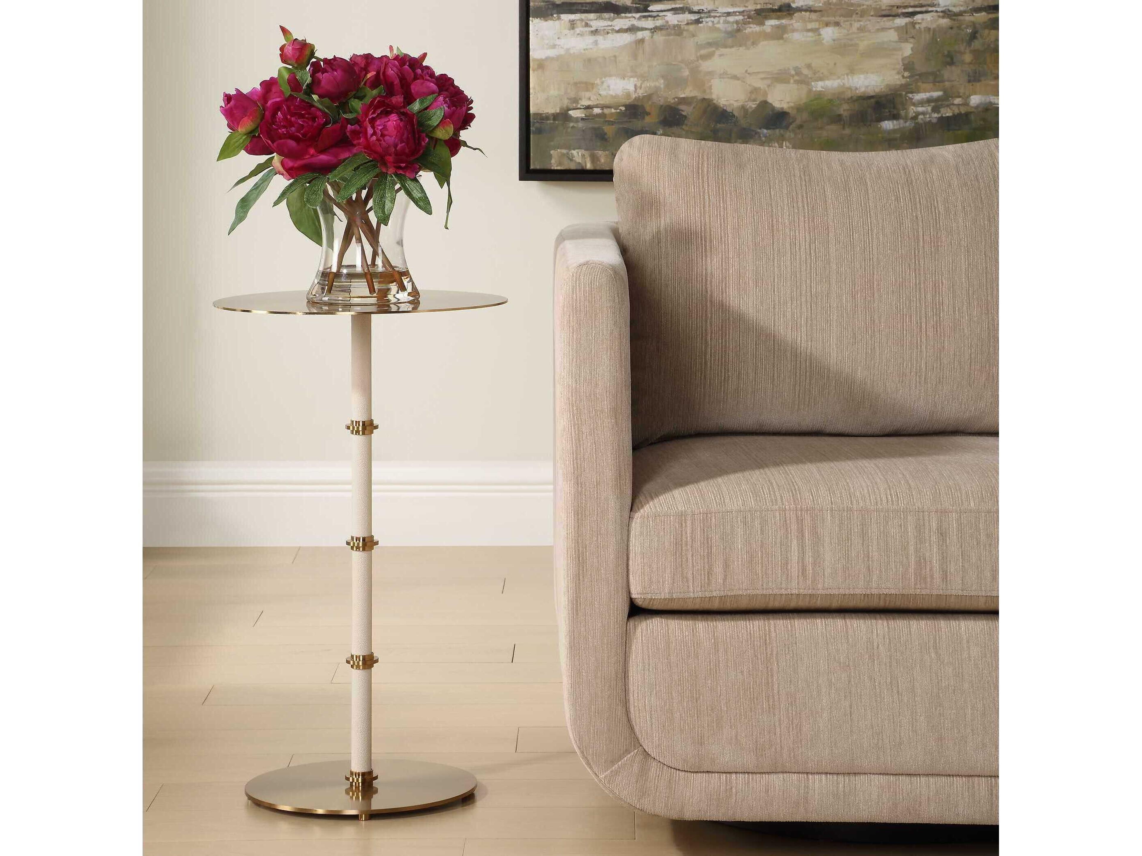 Uttermost Cyprus Round Metal Brass White End Table