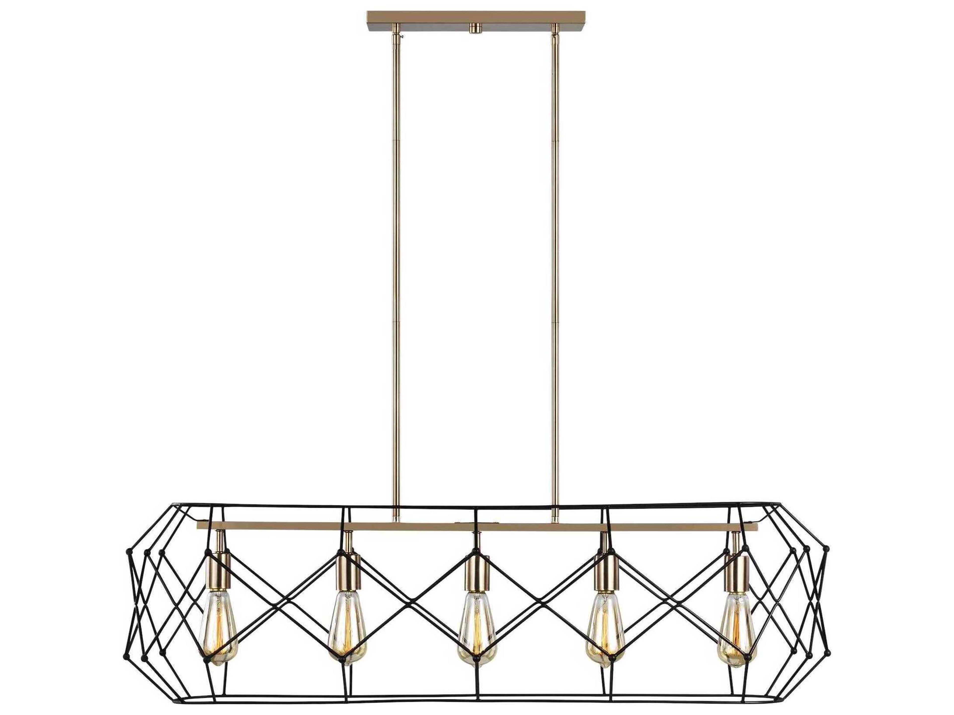 5-Light Linear Chandelier Zarra Satin Brass Open Cage