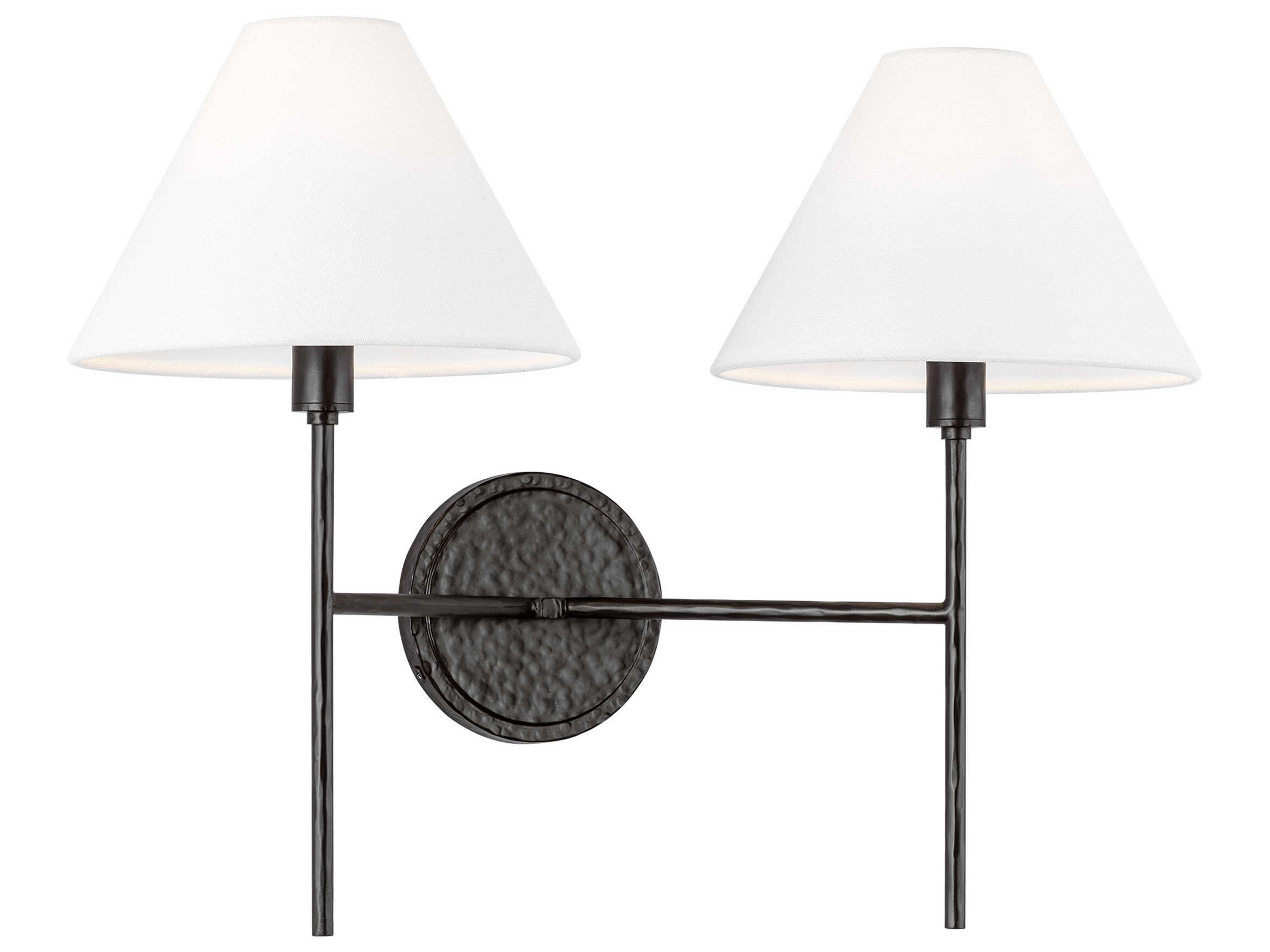 Ridgewood 2 Light Aged Iron Wall Sconce White Linen Shades