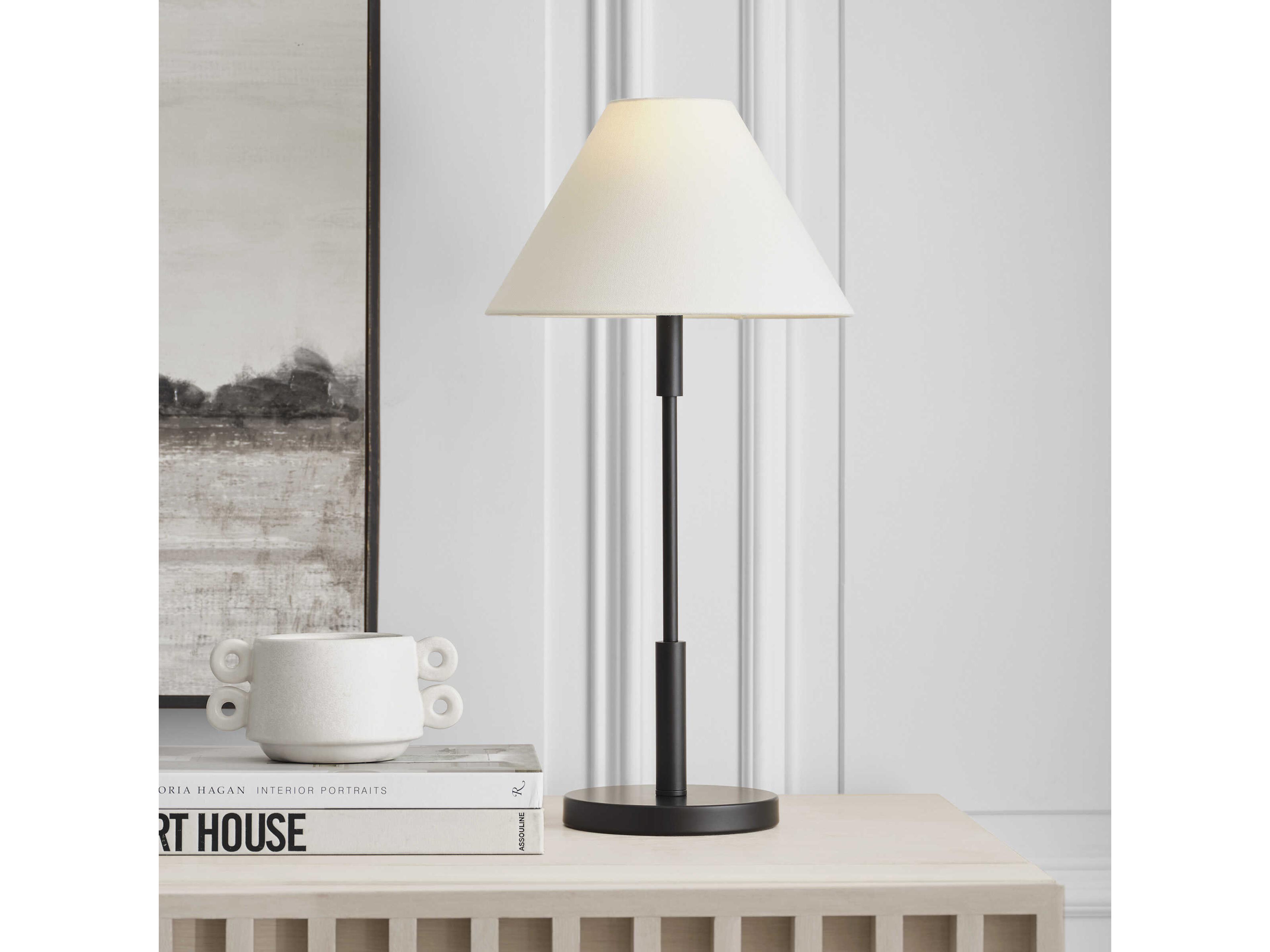 Visual Comfort Studio Porteau Midnight Black White Linen Table Lamp