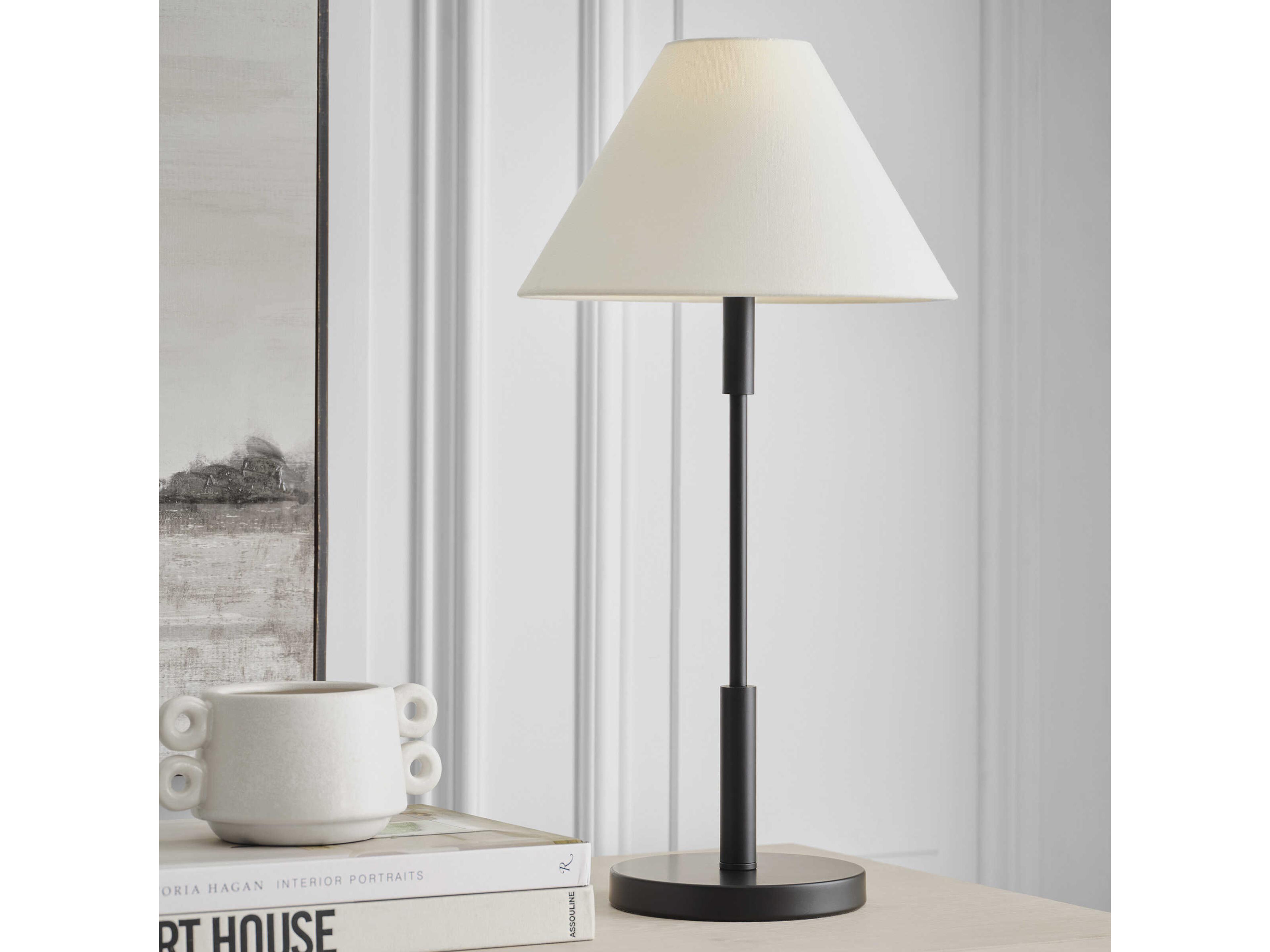 Visual Comfort Studio Porteau Midnight Black White Linen Table Lamp