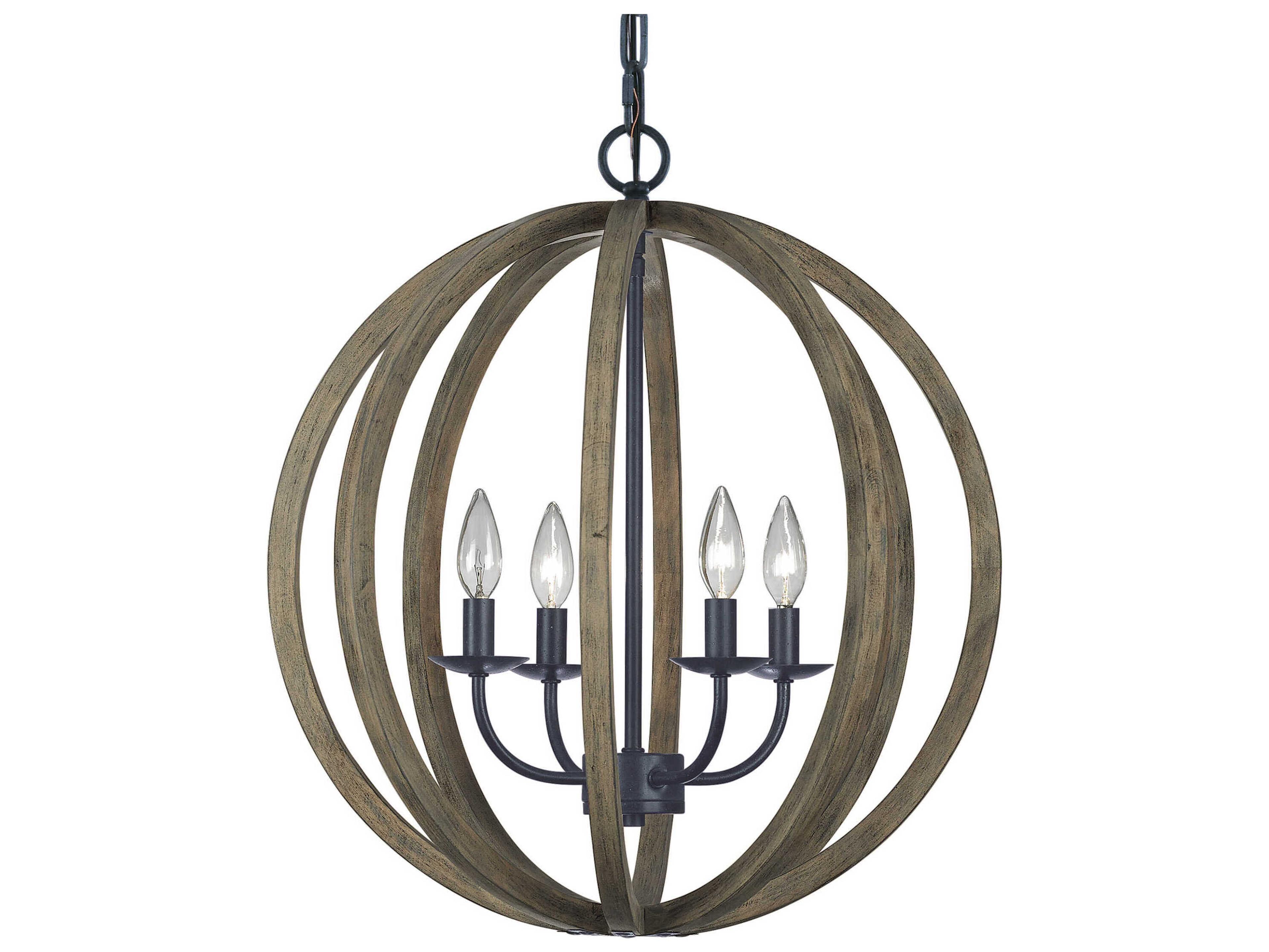 Visual Comfort Studio Allier 4-Light Weathered Oak Wood Antique Forged Iron Brown Globe Pendant