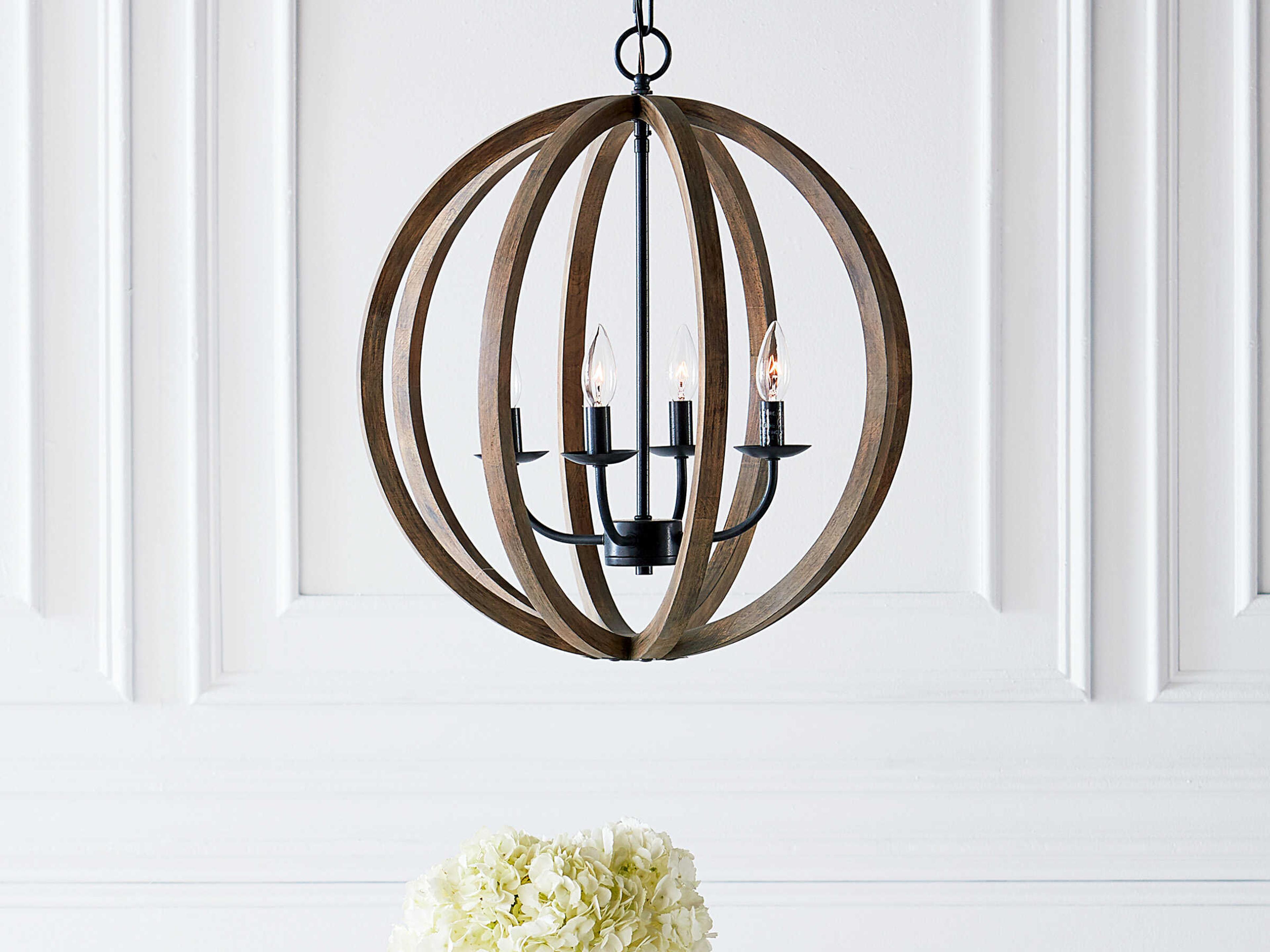 Visual Comfort Studio Allier 4-Light Weathered Oak Wood Antique Forged Iron Brown Globe Pendant