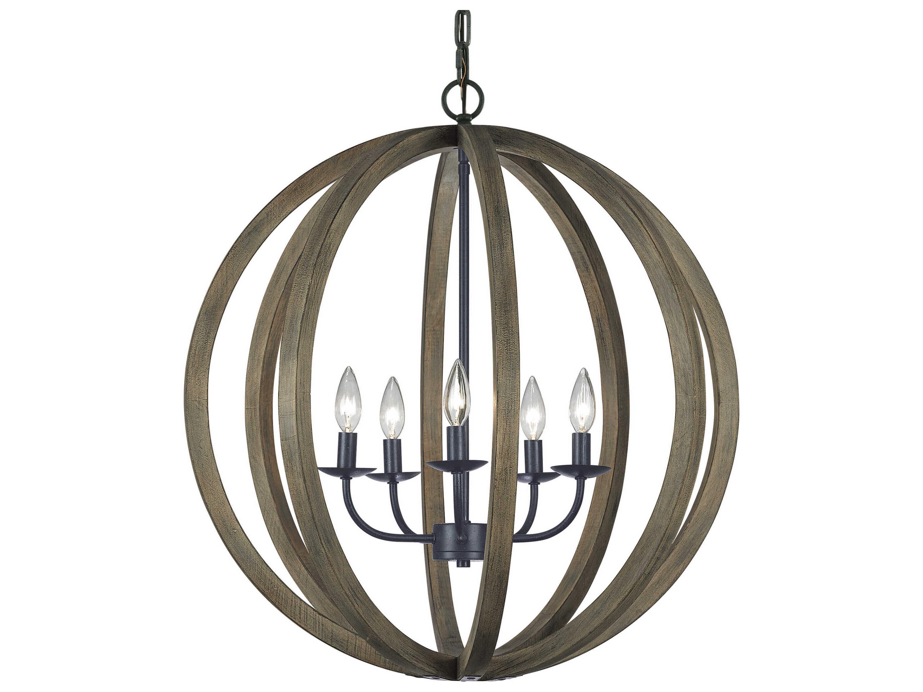 Visual Comfort Studio Allier 5-Light Weathered Oak Wood Antique Forged Iron Brown Globe Pendant