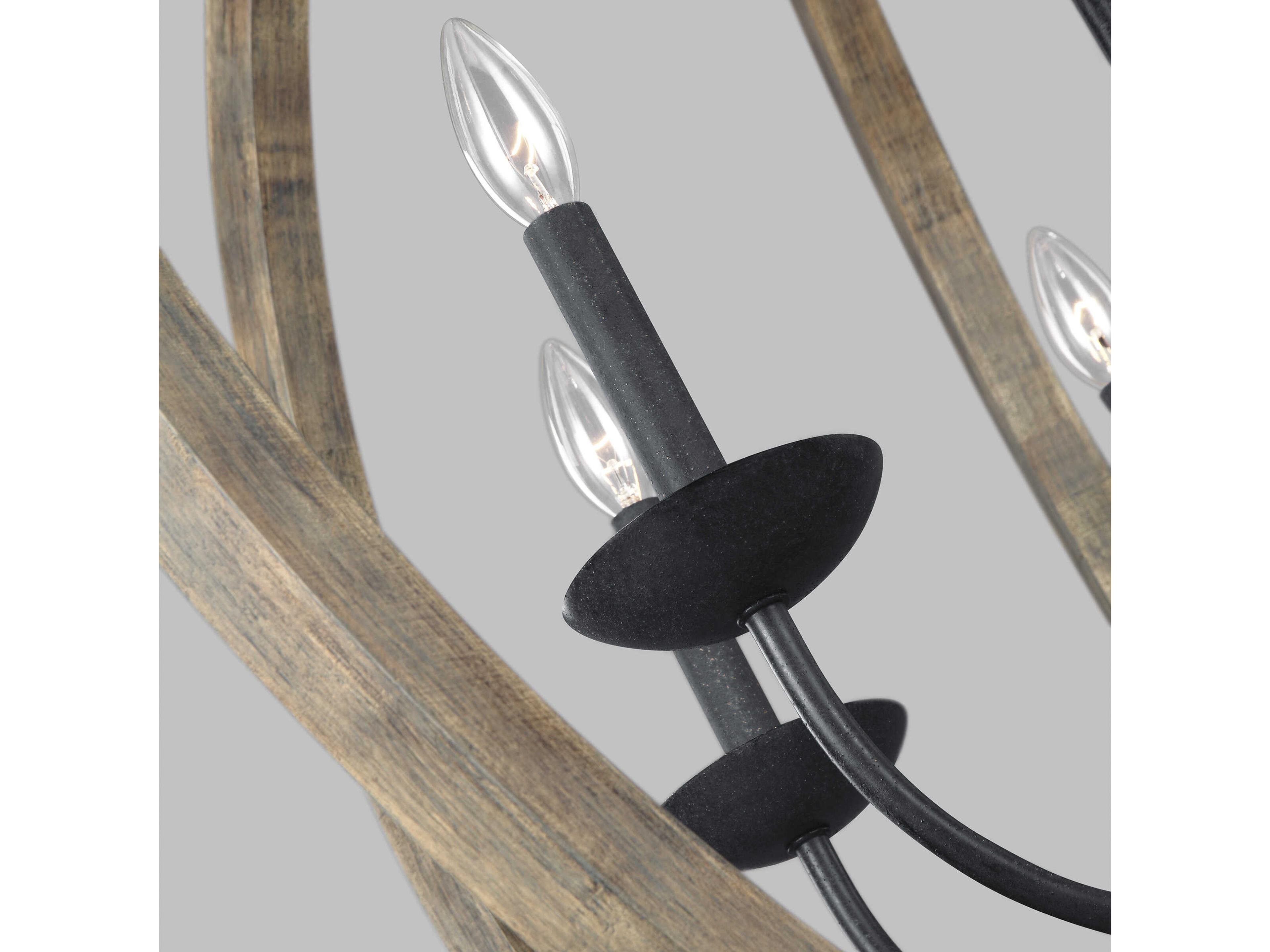 Visual Comfort Studio Allier 6-Light Weathered Oak Wood Antique Forged Iron Brown Globe Pendant