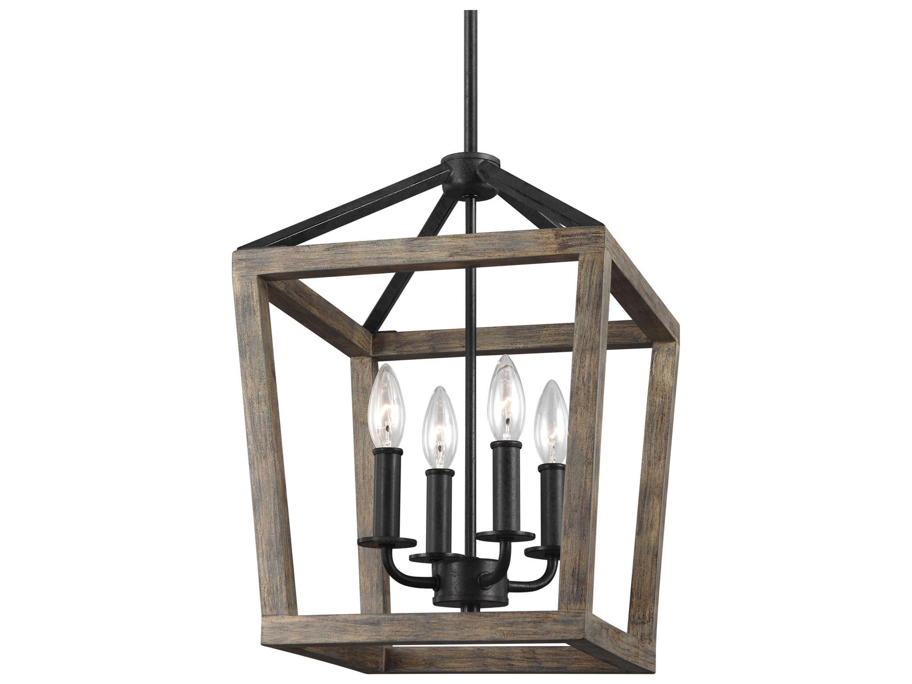 Visual Comfort Studio Gannet 4-Light Weathered Oak Wood Antique Forged Iron Brown Candelabra Chandelier
