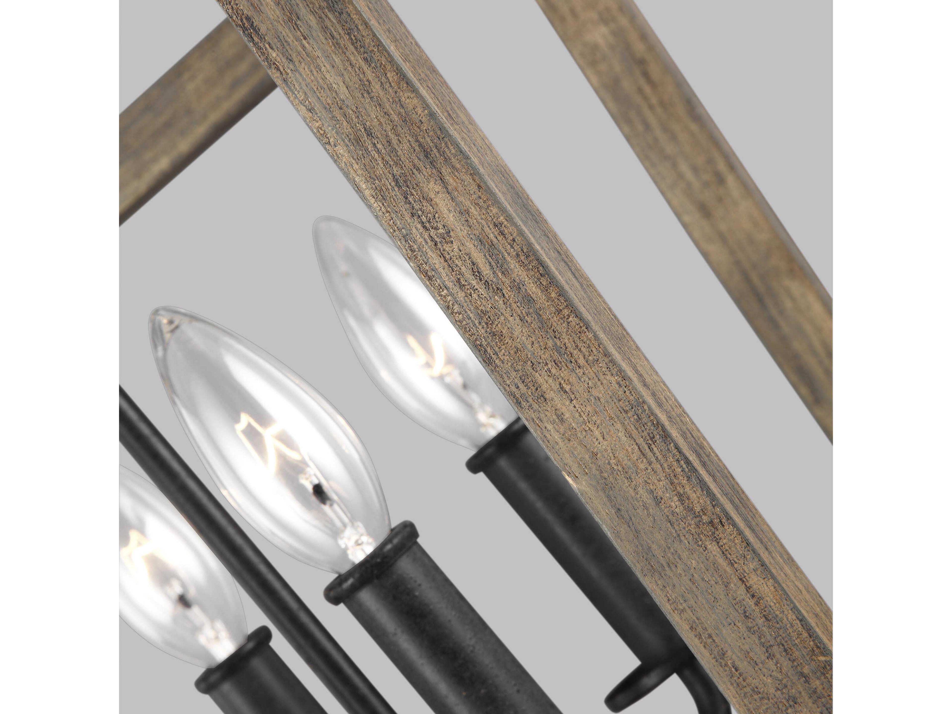 Visual Comfort Studio Gannet 4-Light Weathered Oak Wood Antique Forged Iron Brown Candelabra Chandelier