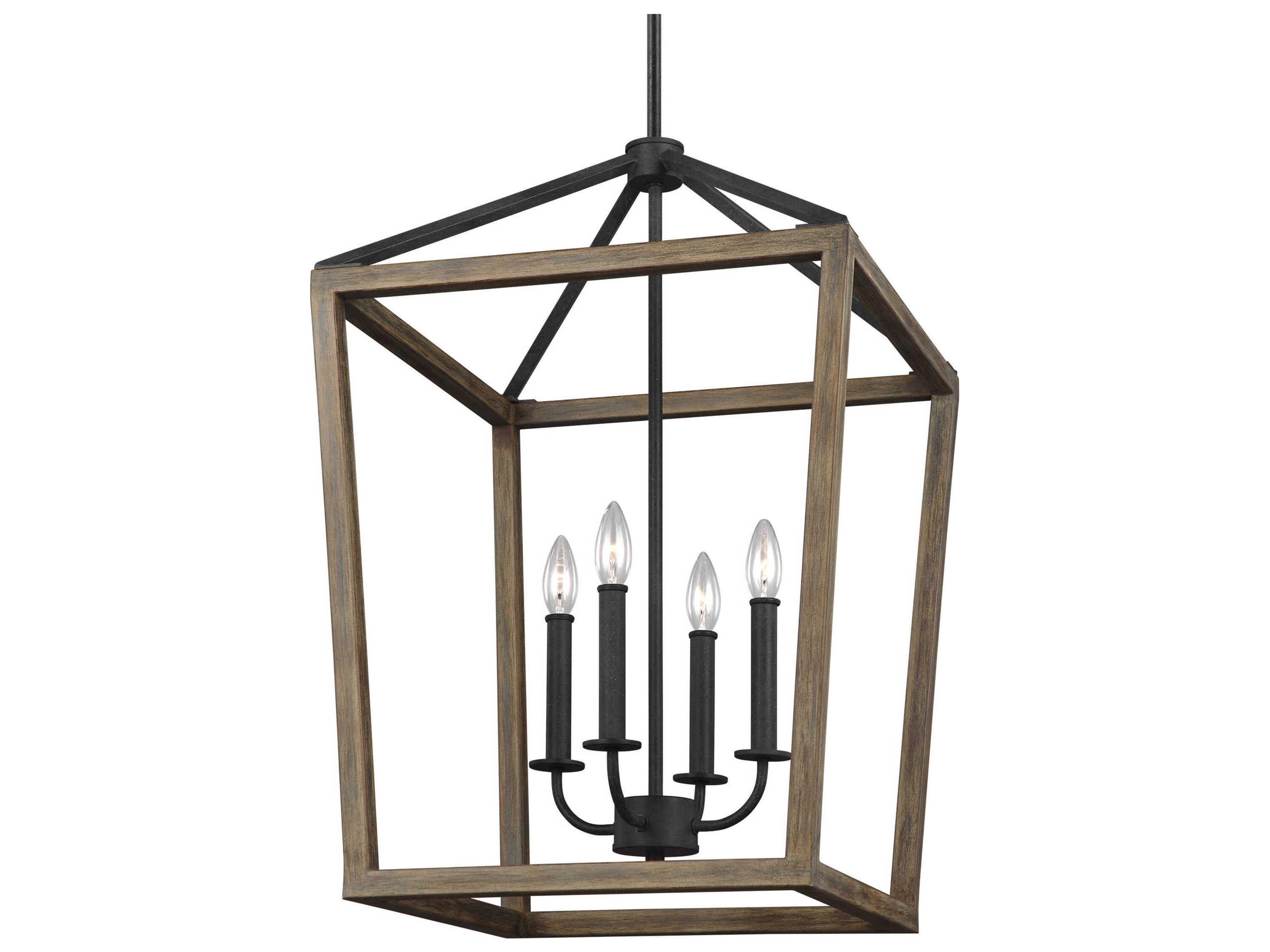 Visual Comfort Studio Gannet 4-Light Weathered Oak Wood Antique Forged Iron Brown Candelabra Chandelier
