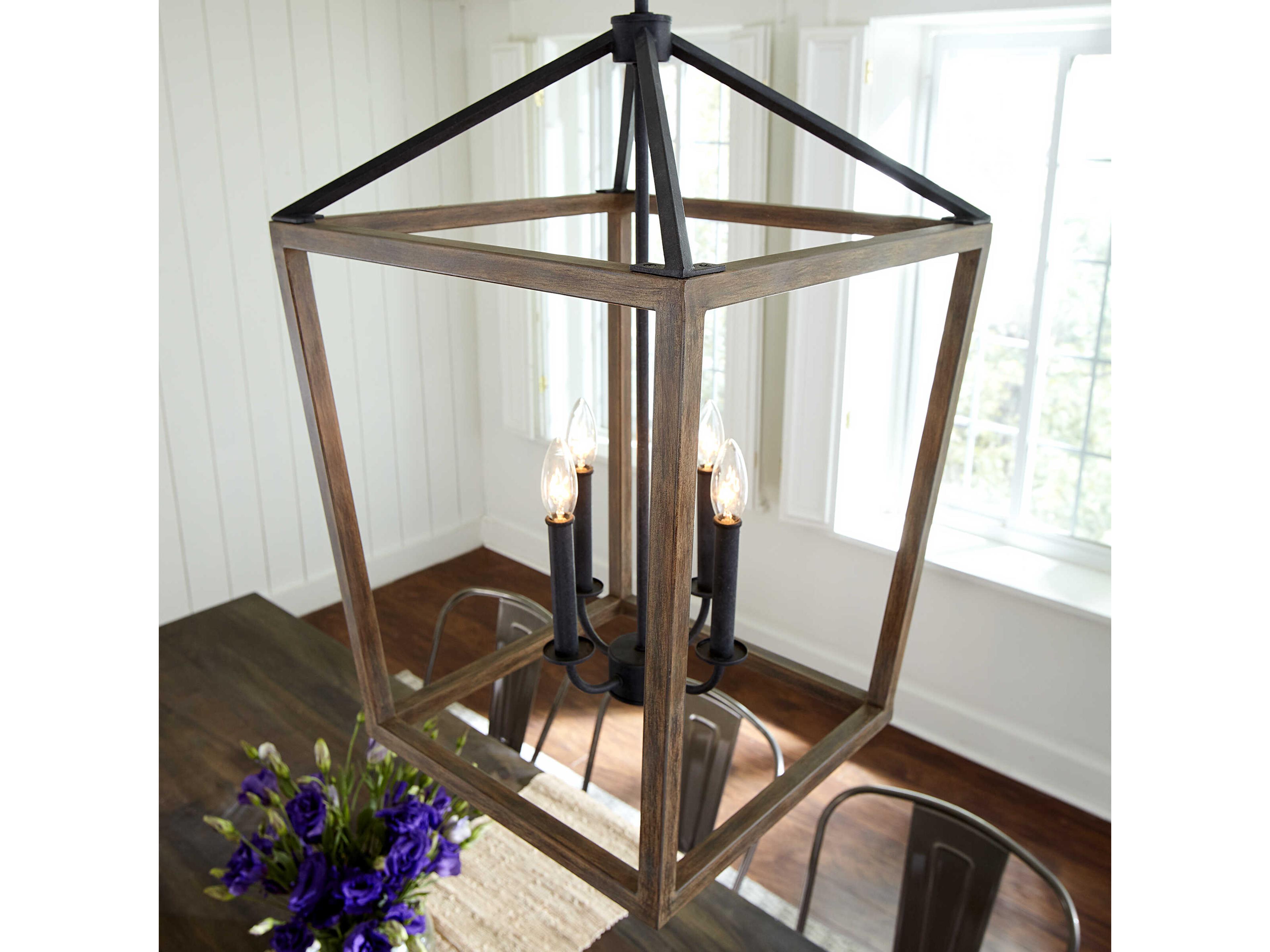 Visual Comfort Studio Gannet 4-Light Weathered Oak Wood Antique Forged Iron Brown Candelabra Chandelier