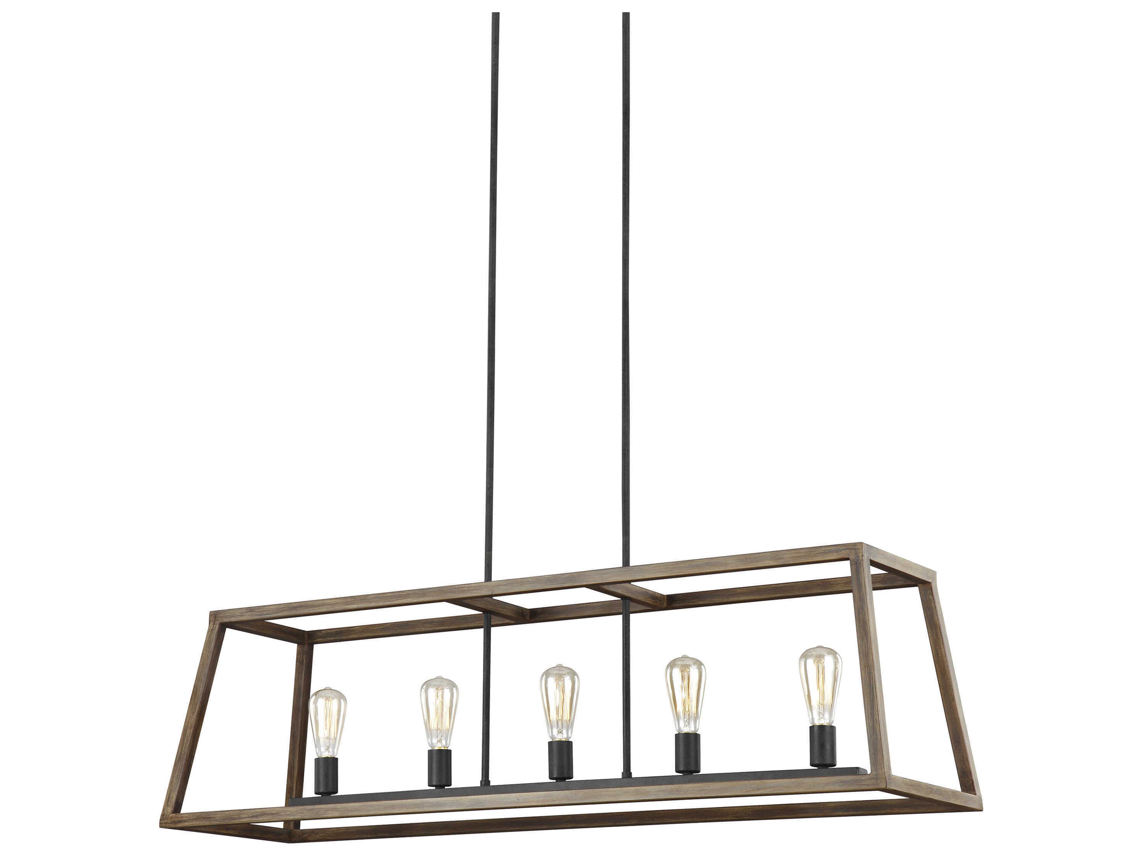 Visual Comfort Studio Gannet 5-Light Weathered Oak Wood Antique Forged Iron Brown Linear Island Pendant